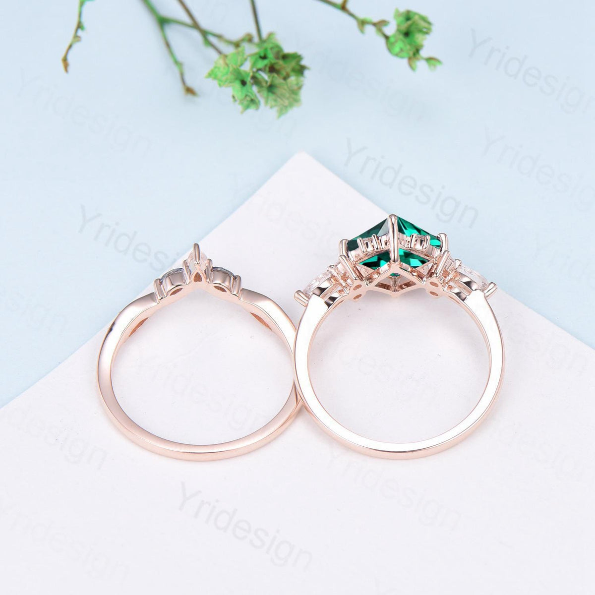Vintage 2CT Princess Cut Emerald Engagement Ring Cluster Marquise Green Gemstone Wedding Ring Set 2pcs Bridal Anniversary Ring 14K Rose Gold