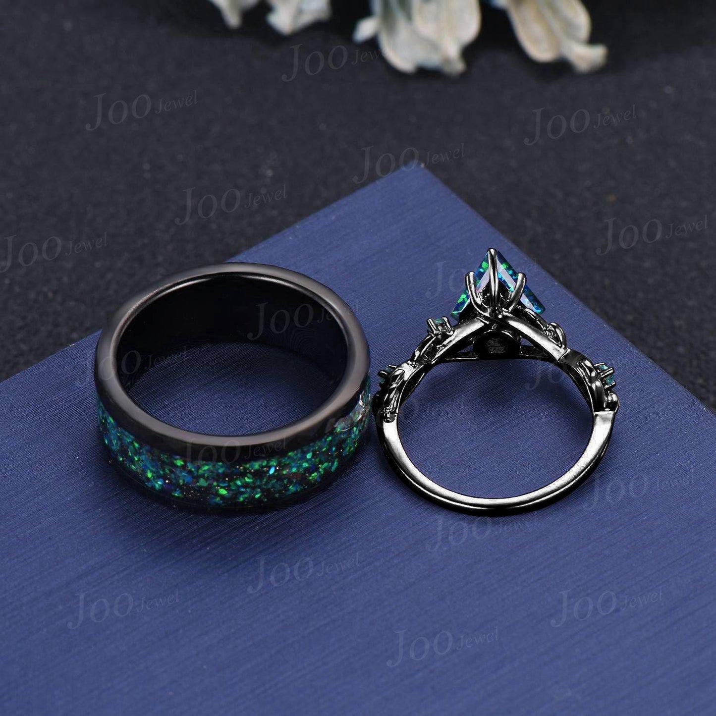 Black Opal Leaf Couples Ring Set -Men Tungsten Wedding Band-His and Hers Gothic Wedding Ring - Vintage Matching Nature Inspired Promise Ring