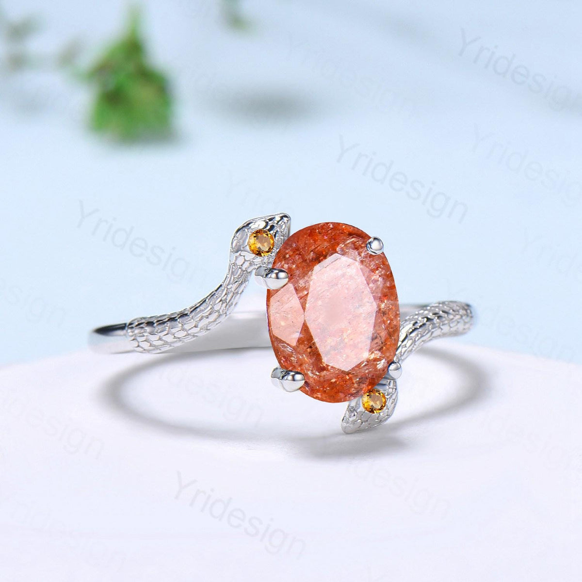 Unique Snake sunstone engagement ring oval cut cold-blooded citrine three stone wedding ring women anniversary promise gift for daughter