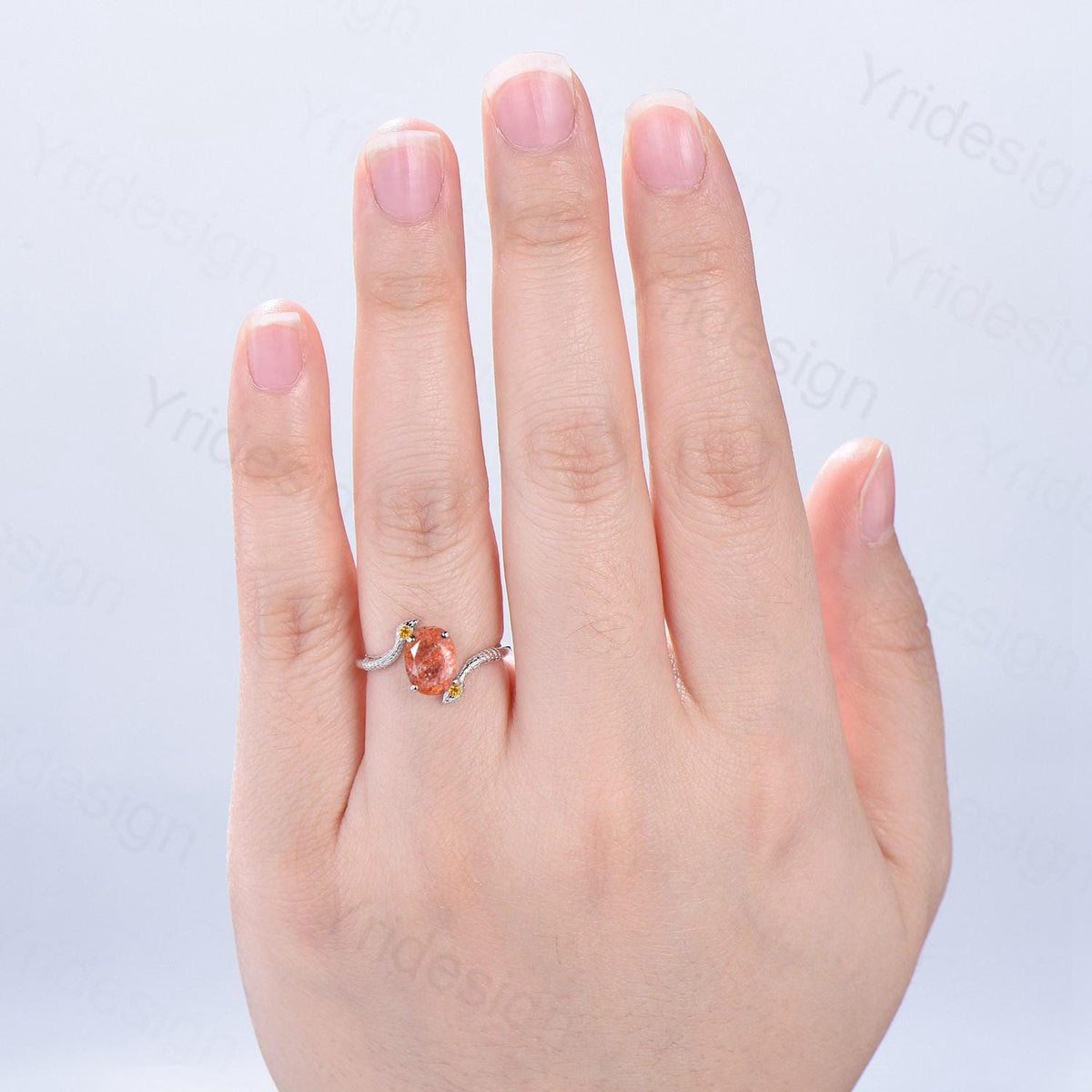 Unique Snake sunstone engagement ring oval cut cold-blooded citrine three stone wedding ring women anniversary promise gift for daughter