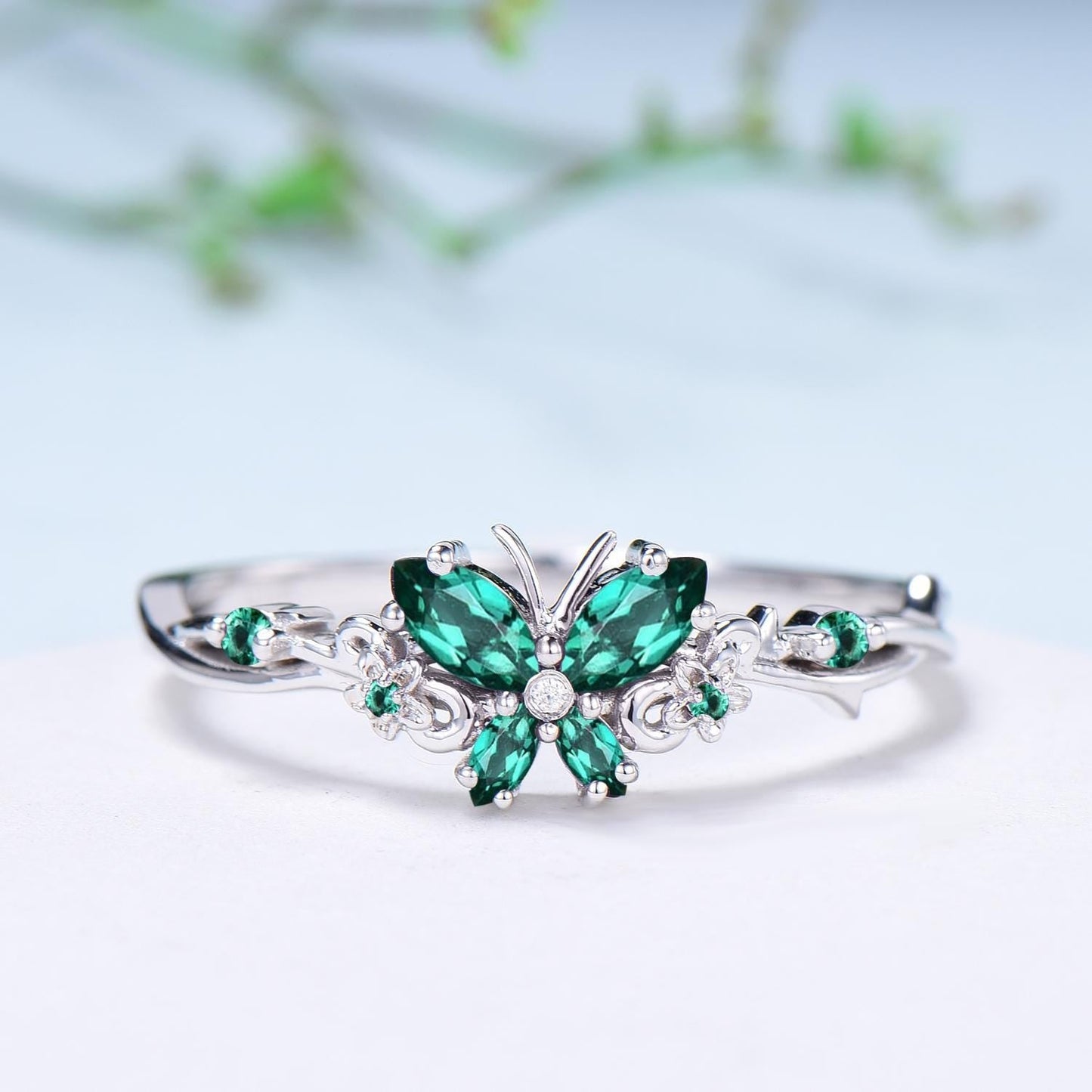 Vintage Butterfly Emerald Engagement Ring Unique marquise cut green gemstone silver white gold flower promise ring anniversary gift women