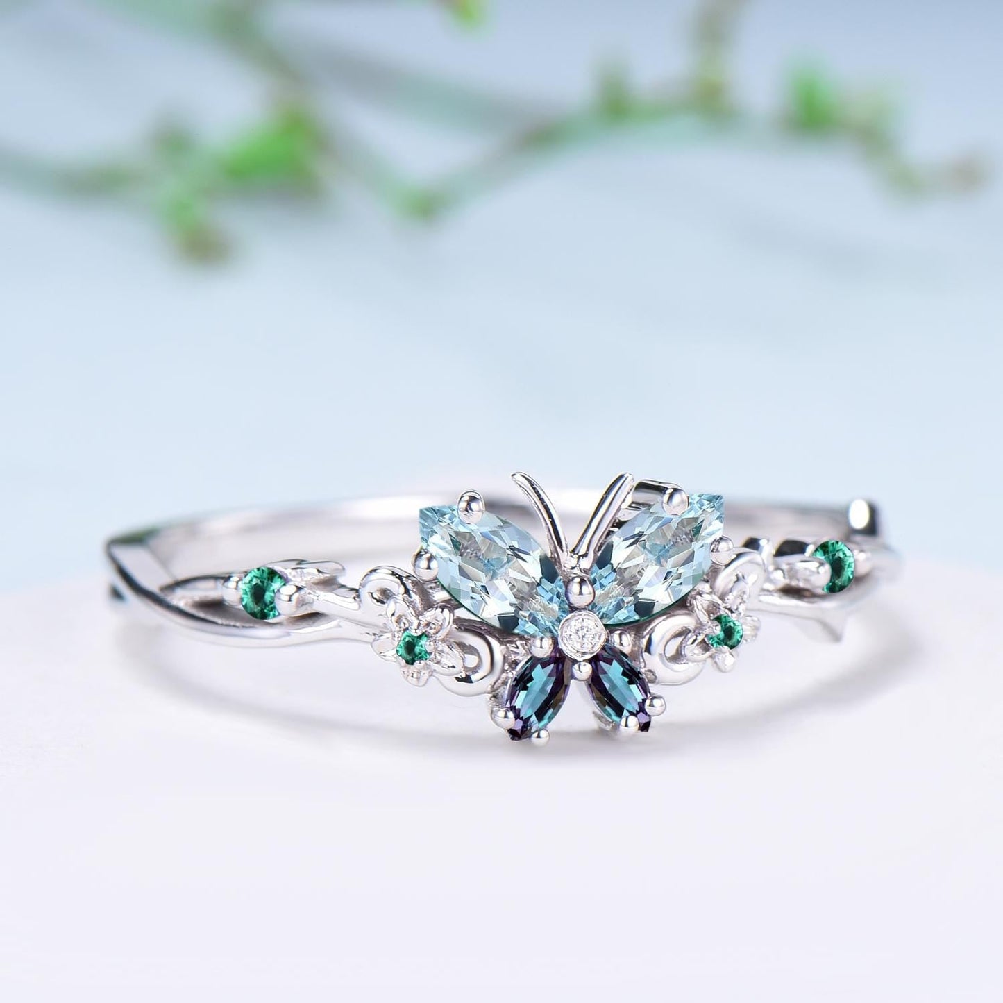 Vintage Butterfly Aquamarine Engagement Ring, Alexandrite Emerald Floral Design