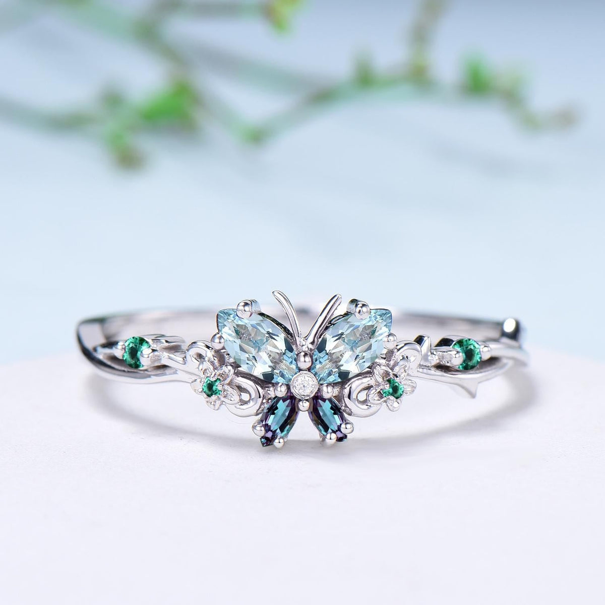 Vintage Butterfly Aquamarine Engagement Ring, Alexandrite Emerald Floral Design
