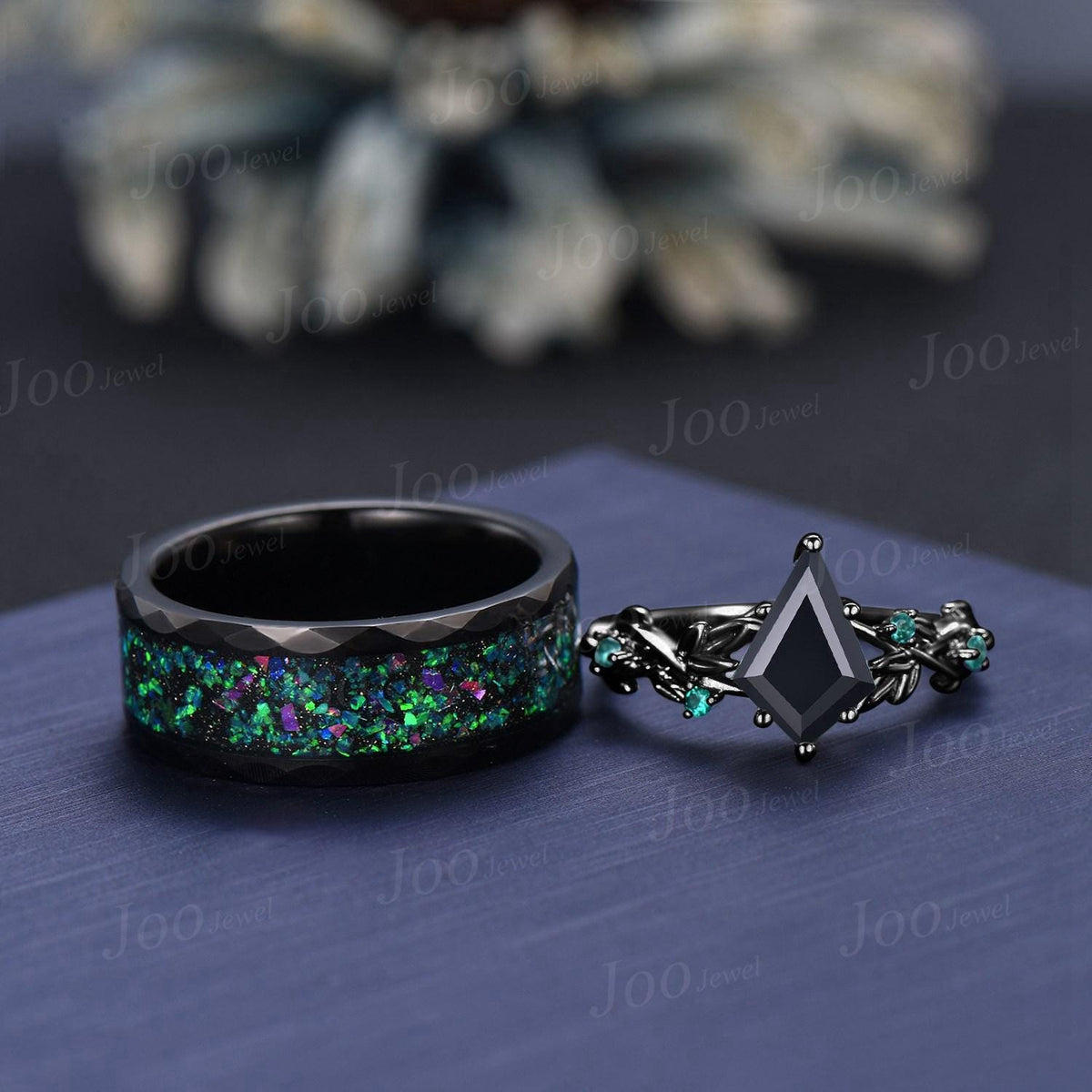 Natural Kite Black Onyx Tungsten Wedding Ring Set Men Green Emerald Couple Promise Rings Marriage Anniversary Gift Outer Space Galaxy Band