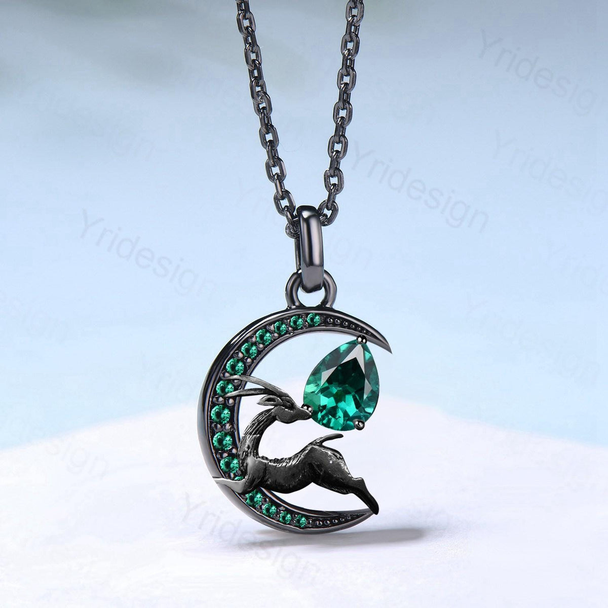 Deer in the Deep Forest Black Gold Necklace Magic Crescent Moon Emerald Necklace Gothic Pendant Necklace Unique Necklace Anniversary Gifts