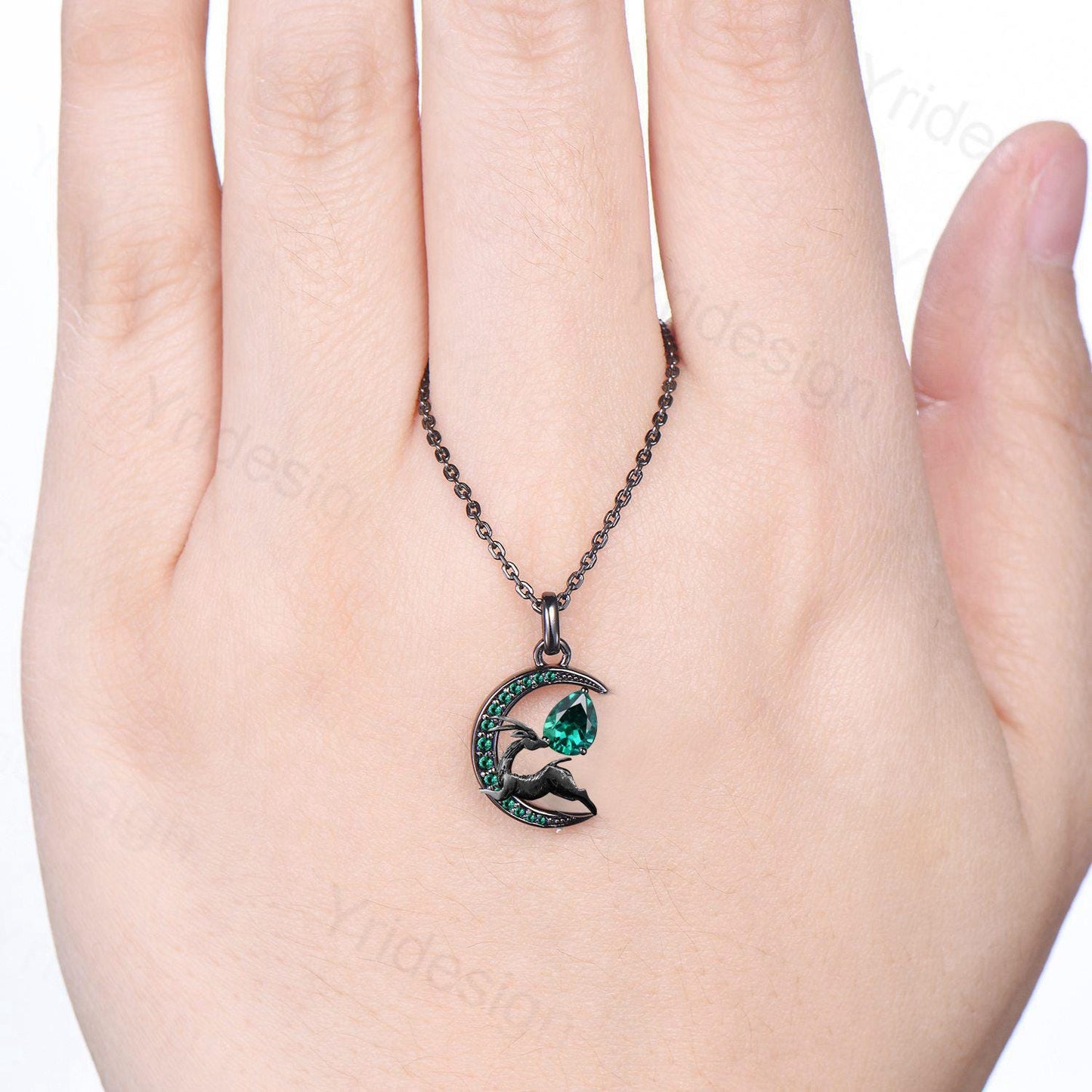 Deer in the Deep Forest Black Gold Necklace Magic Crescent Moon Emerald Necklace Gothic Pendant Necklace Unique Necklace Anniversary Gifts