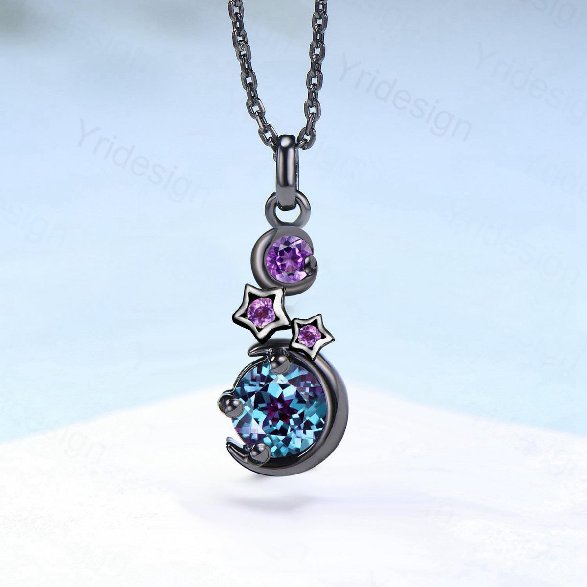 Unique Moon Star Necklace Black Gold Alexandrite Necklace Amethyst Pendant Necklace Halloween Gothic Promise Anniversary gift for daughter