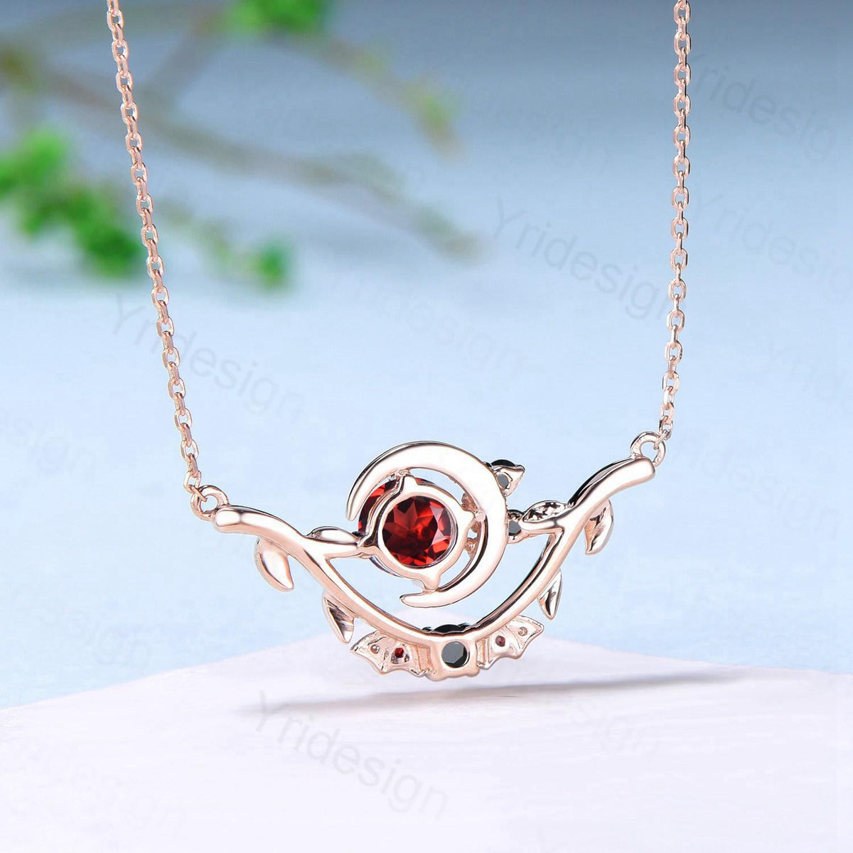 Unique Round Garnet Pendant Necklace Night Moon Bat blood Necklace Magic Crescent Moon Leaf Branch Necklace Spinel Anniversary gift Women