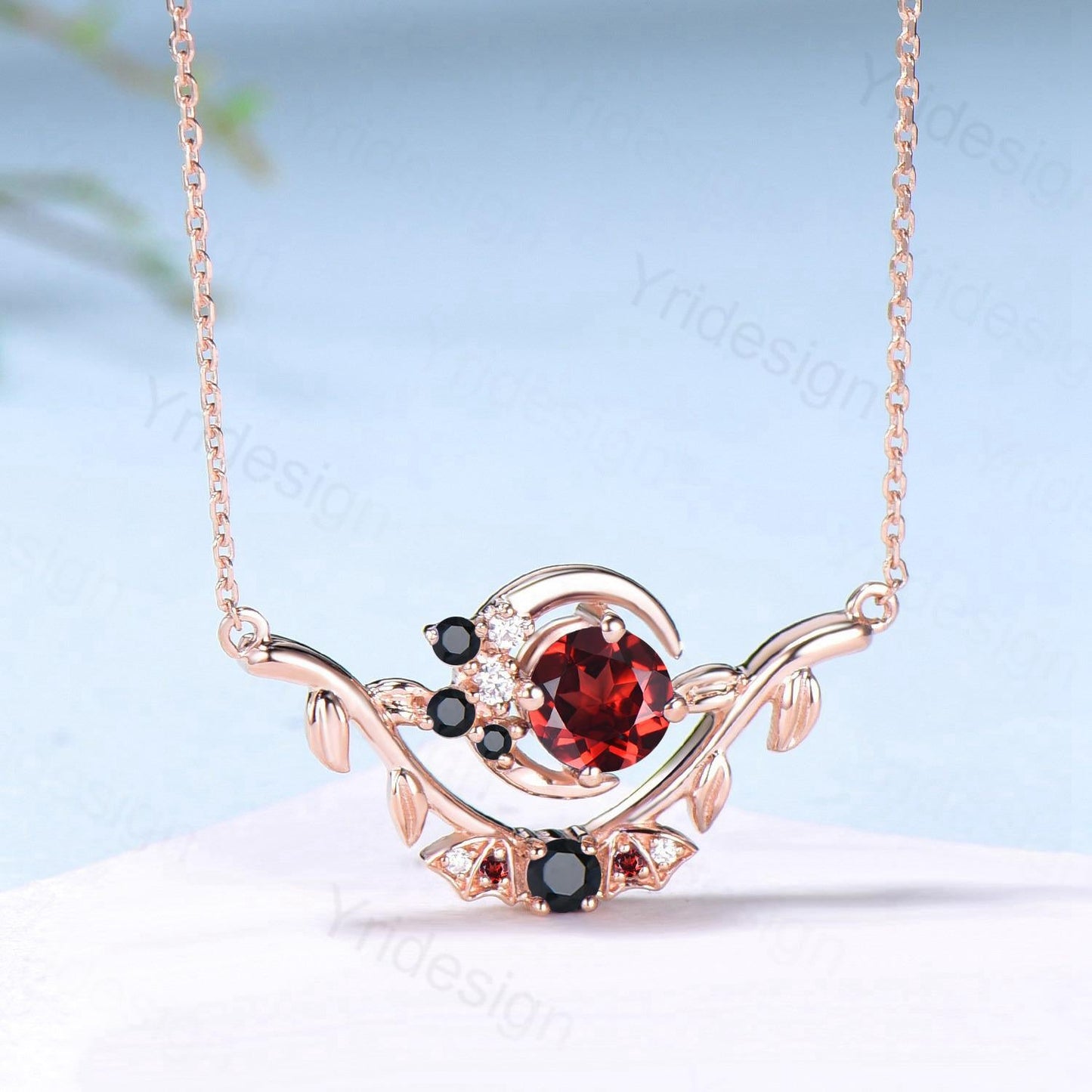 Unique Round Garnet Pendant Necklace Night Moon Bat blood Necklace Magic Crescent Moon Leaf Branch Necklace Spinel Anniversary gift Women