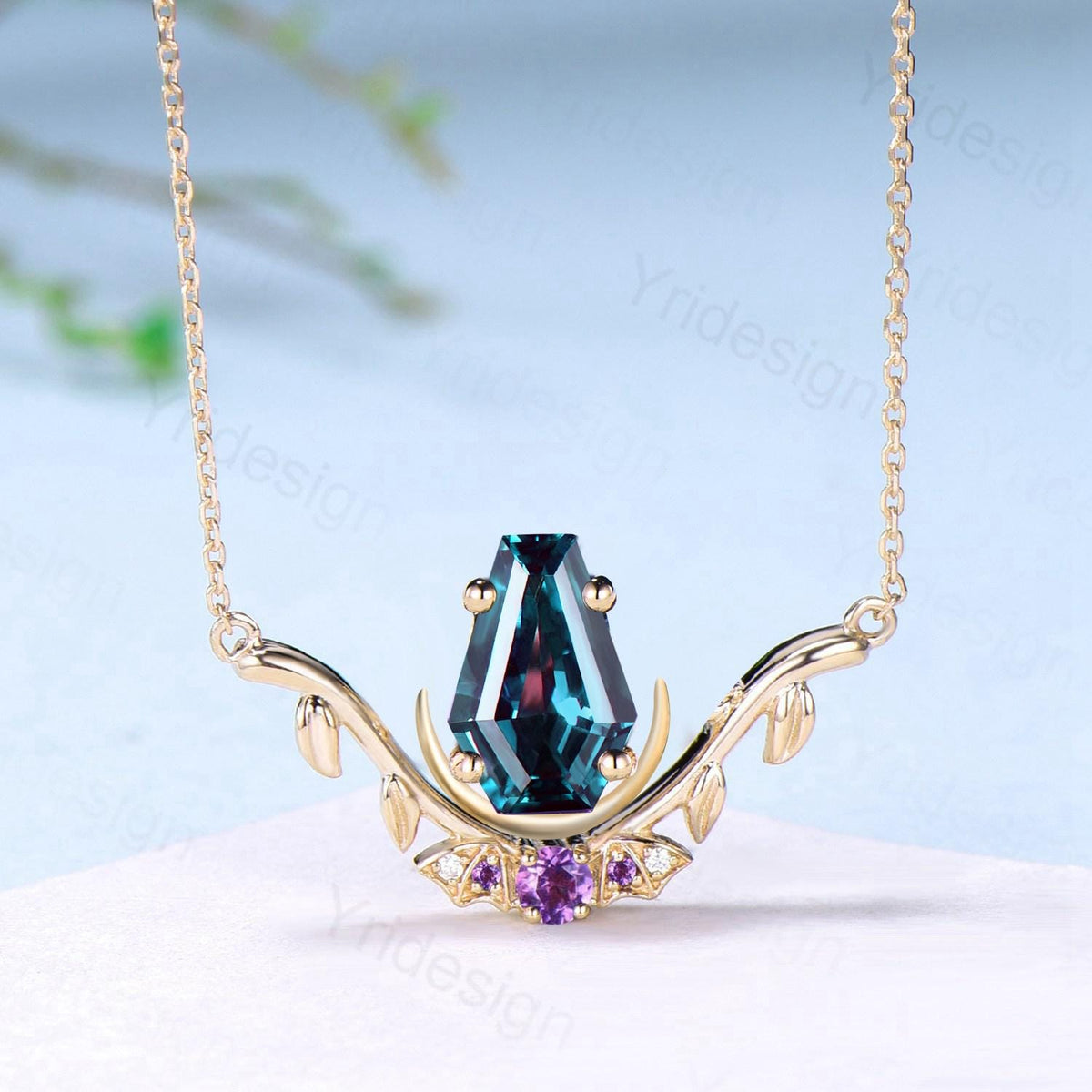 Unique Coffin Cut Alexandrite Pendant Necklace Night Moon Bat Necklace Amethyst Leaf Vine Branch Necklace Halloween Anniversary gift Women