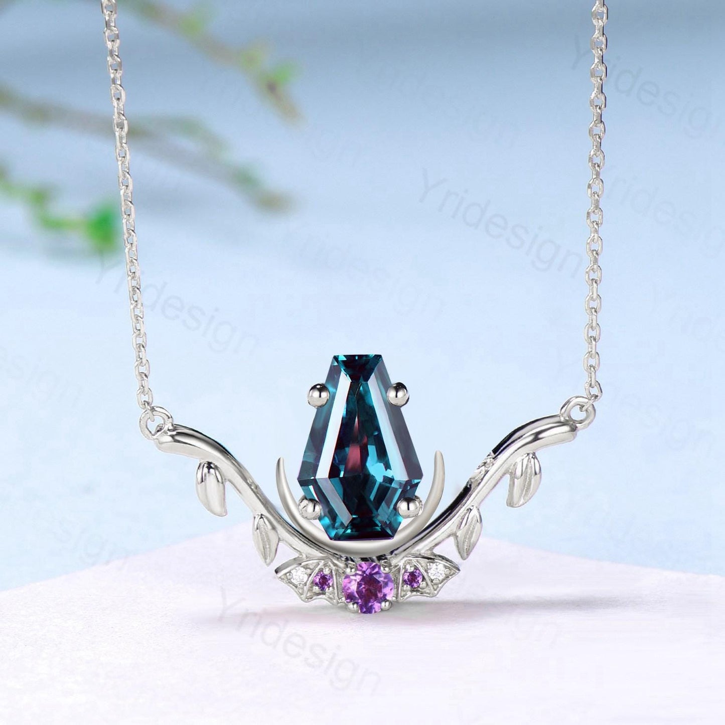 Unique Coffin Cut Alexandrite Pendant Necklace Night Moon Bat Necklace Amethyst Leaf Vine Branch Necklace Halloween Anniversary gift Women