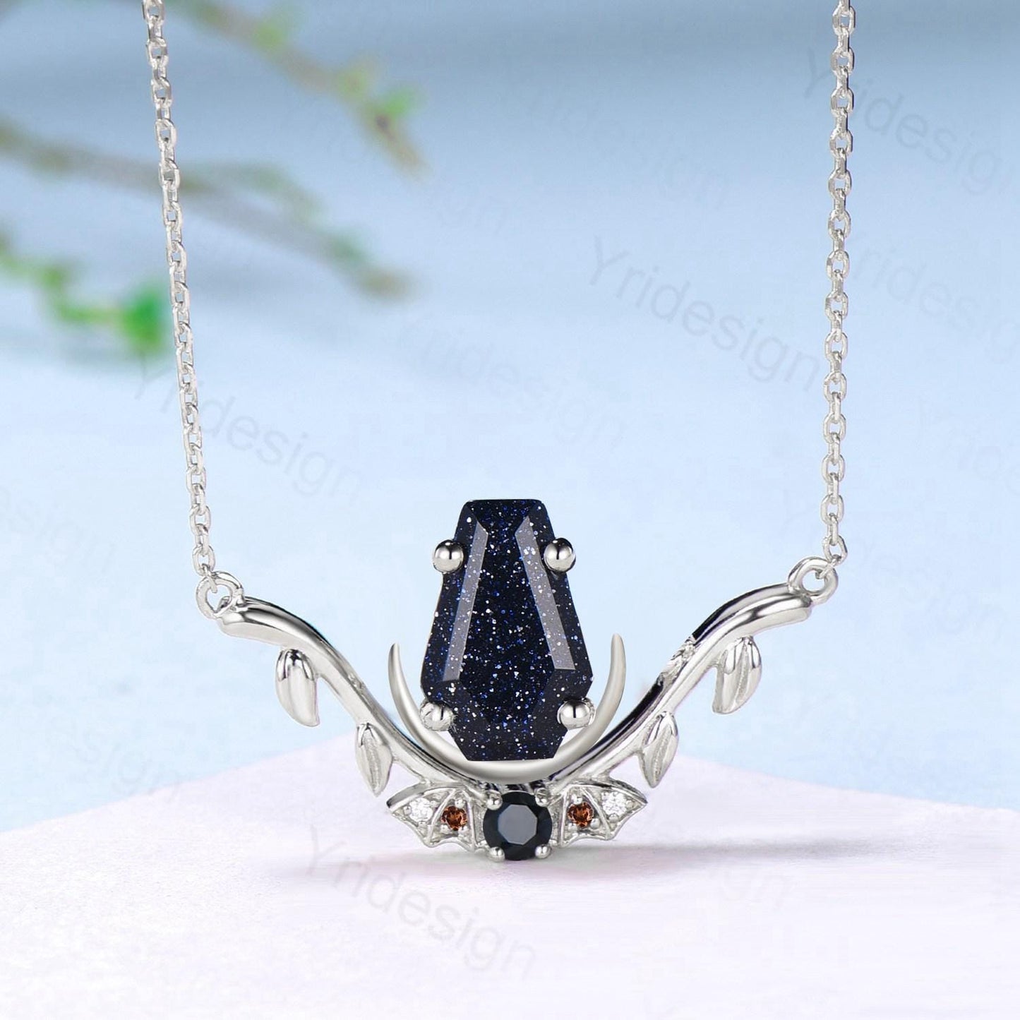 Unique Coffin Cut Blue Sandstone Pendant Necklace Night Moon Bat Necklace Garnet Spinel Leaf Vine Branch Necklace Anniversary gift for Women