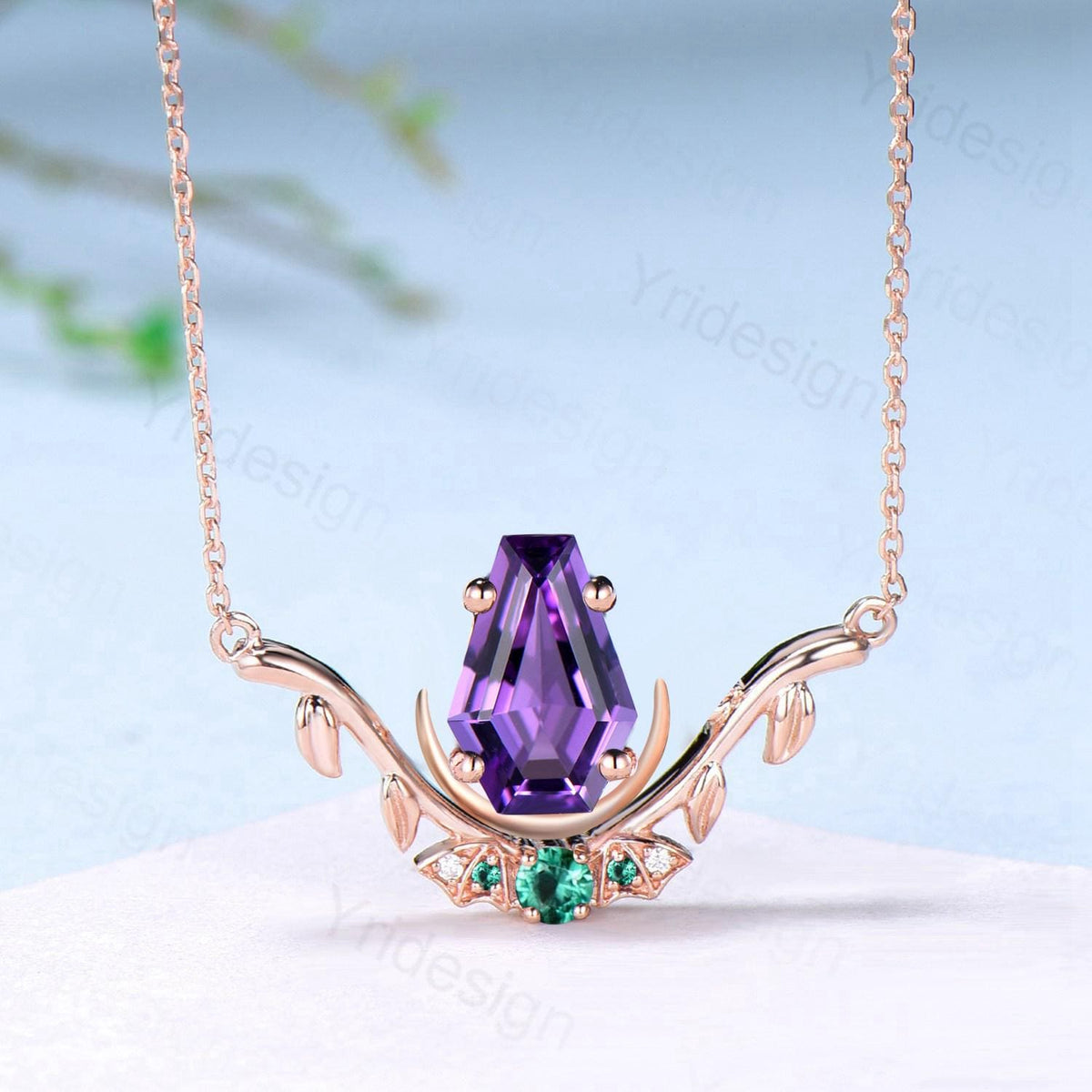 Unique Coffin Cut Amethyst Pendant Necklace Night Moon Bat Necklace Emerald Leaf Vine Branch Necklace Art Deco Anniversary gift for Women