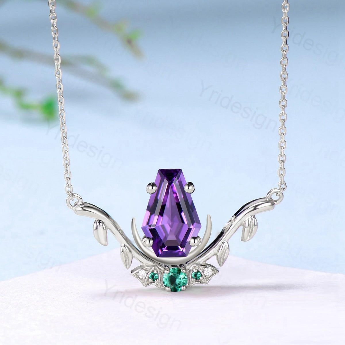 Unique Coffin Cut Amethyst Pendant Necklace Night Moon Bat Necklace Emerald Leaf Vine Branch Necklace Art Deco Anniversary gift for Women
