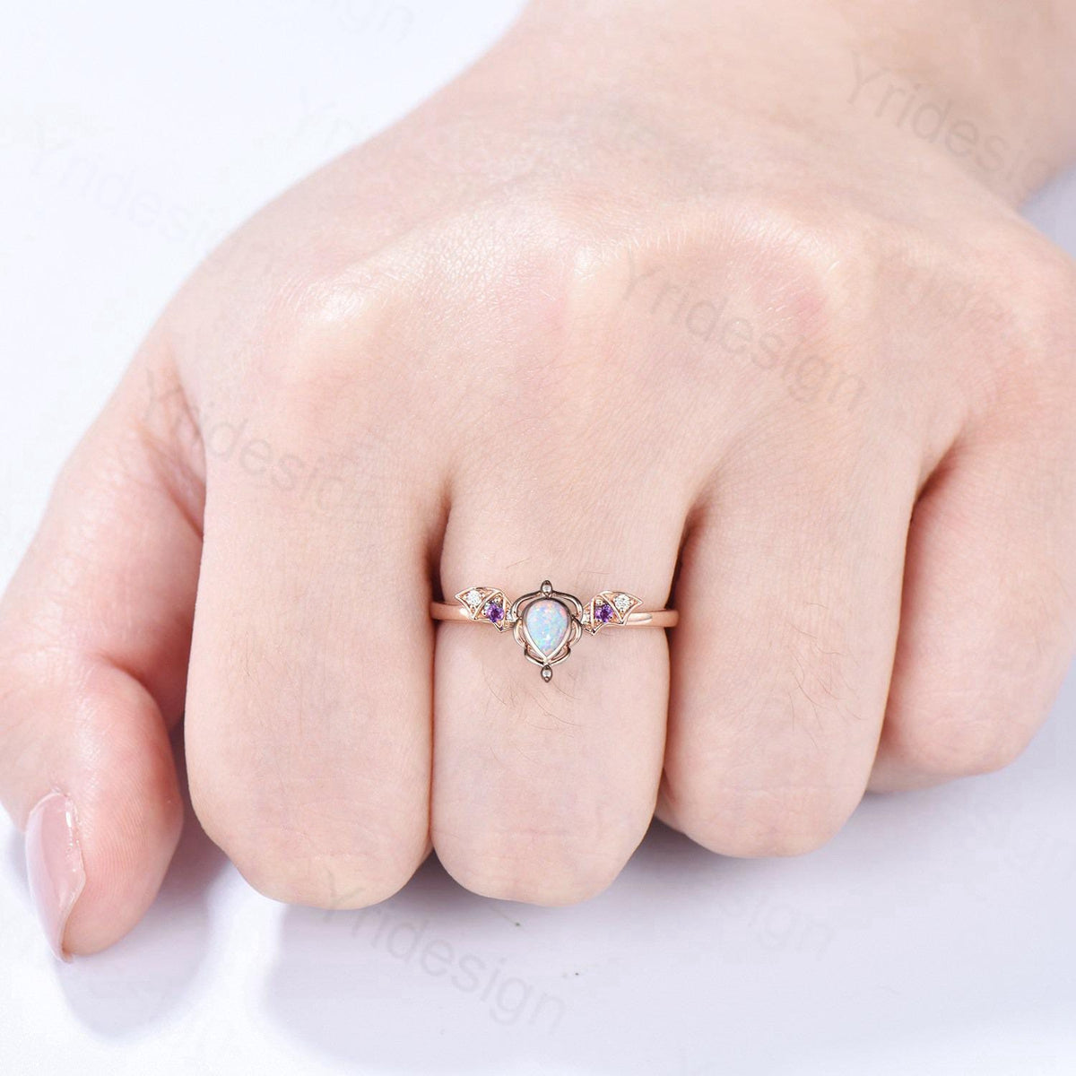 Unique Teardrop White Opal Ring Lotus Bat Art Deco Fire Opal Amethyst Engagement Ring Vintage Handmade Anniversary Proposal Gifts For Mom