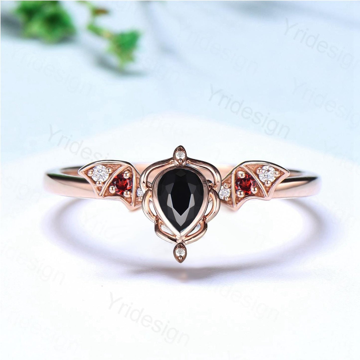 Unique Teardrop Black Onyx Ring Lotus Bat Art Deco Onyx Garnet Engagement Ring Vintage Handmade Anniversary Proposal Gifts For Daughter