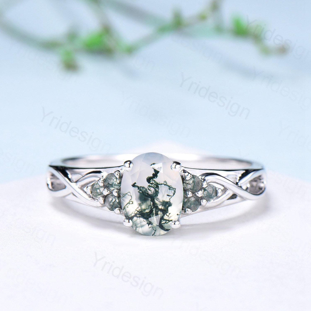 Celtic Knot Oval Natural Moss Agate Engagement Ring Solid 14K/18K White Gold Unique Infinity Ring Cluster Wedding Ring Anniversary gifts