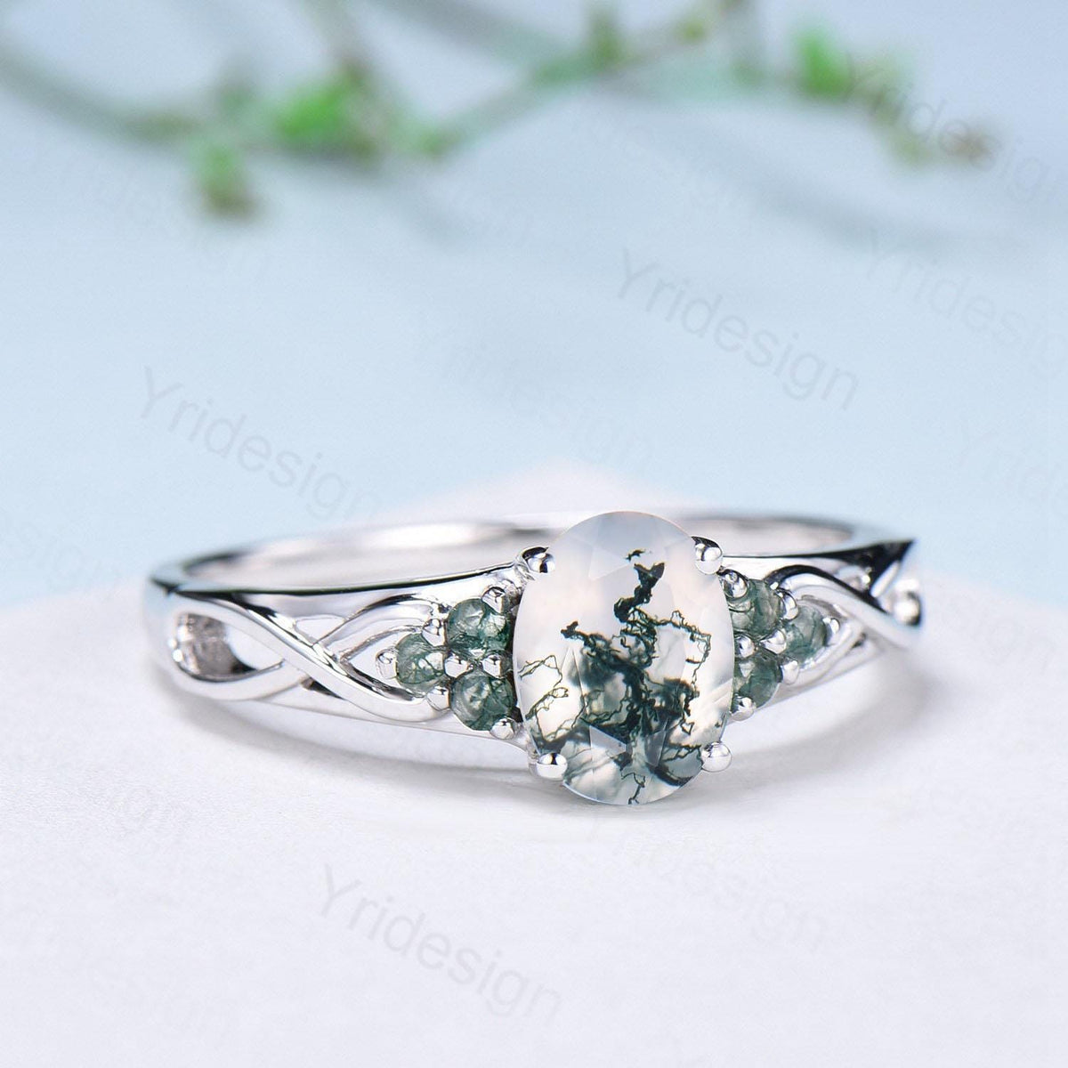 Celtic Knot Oval Natural Moss Agate Engagement Ring Solid 14K/18K White Gold Unique Infinity Ring Cluster Wedding Ring Anniversary gifts