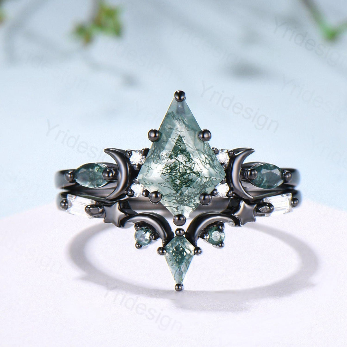 Yellow gold kite cut nature moss agate ring set Unique crescent moon star agate engagement ring Handmade anniversary gift Wedding bridal set
