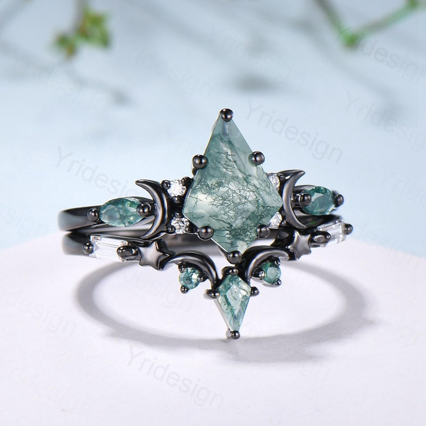 Black gold kite cut moss agate ring Unique crescent moon star engagement ring art deco delicate bridal wedding set handmade anniversary gift
