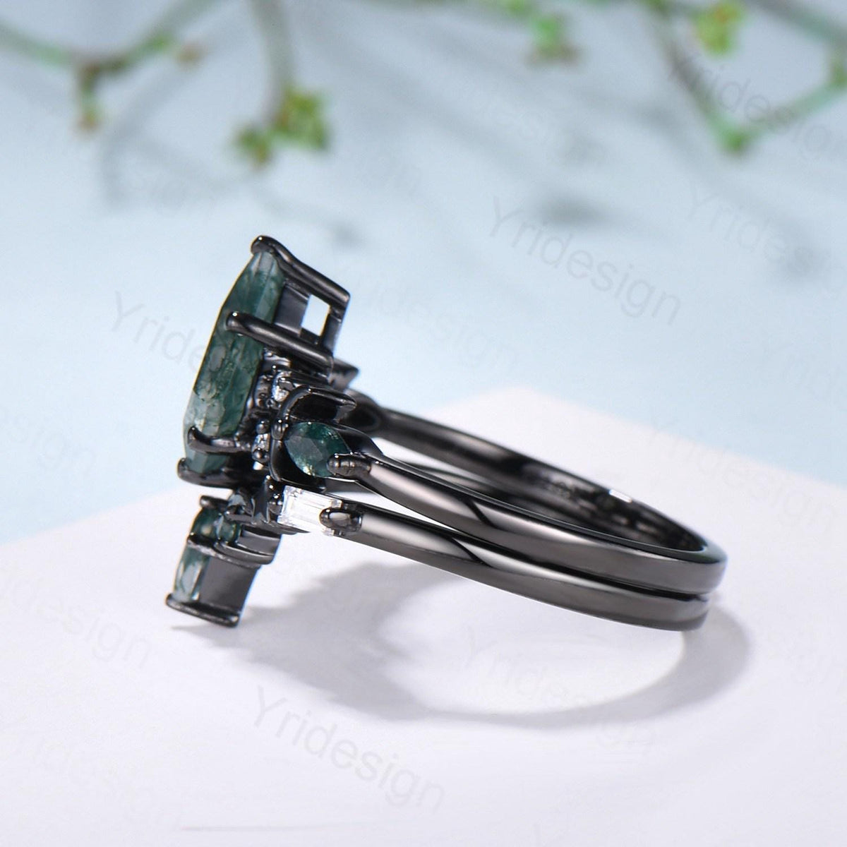 Black gold kite cut moss agate ring Unique crescent moon star engagement ring art deco delicate bridal wedding set handmade anniversary gift