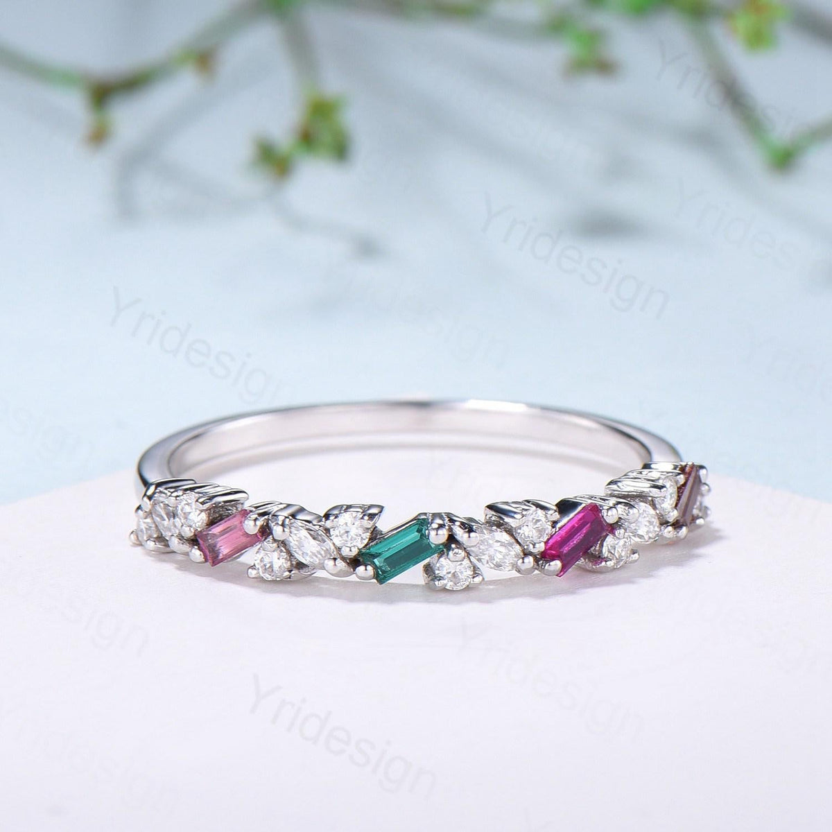 Vintage Emerald Ruby Eternity Wedding Band Women Unique Baguette Garnet Stackable Promise Ring Marquise Matching Band Anniversary Gift Women
