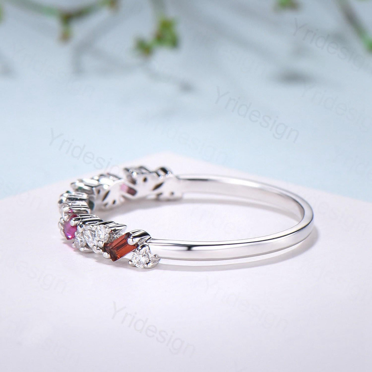 Vintage Emerald Ruby Eternity Wedding Band Women Unique Baguette Garnet Stackable Promise Ring Marquise Matching Band Anniversary Gift Women