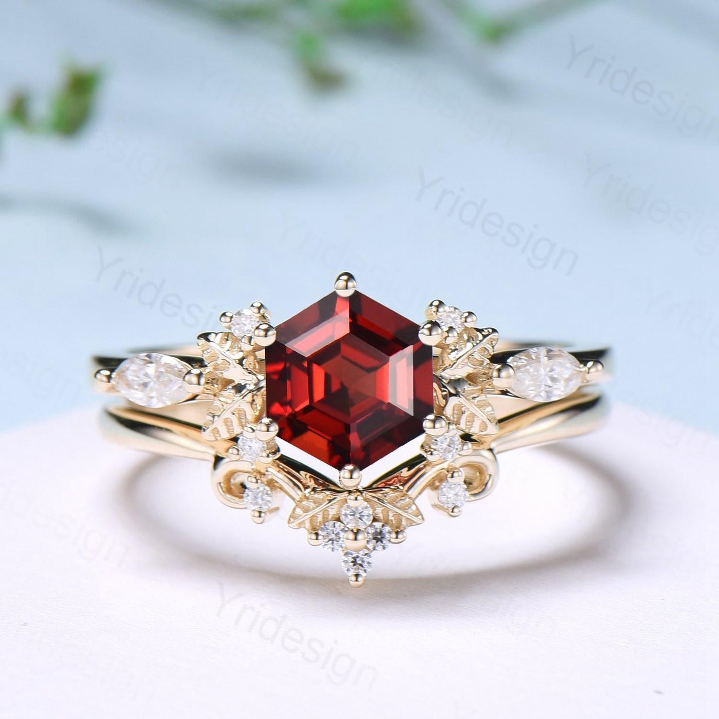 Nature inspired hexagon garnet engagement ring set 14k yellow gold unique leaf vine garnet wedding ring set January birthstone jewelry women