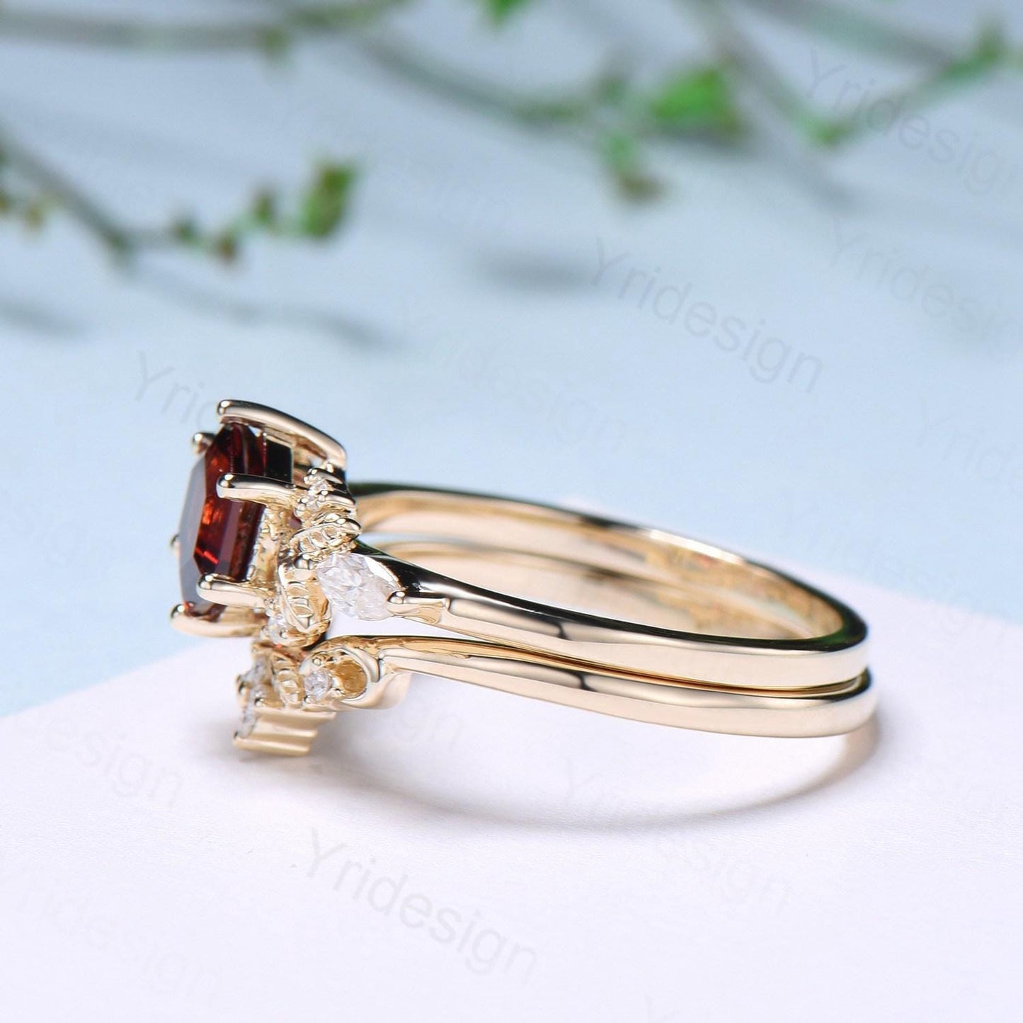 Nature inspired hexagon garnet engagement ring set 14k yellow gold unique leaf vine garnet wedding ring set January birthstone jewelry women
