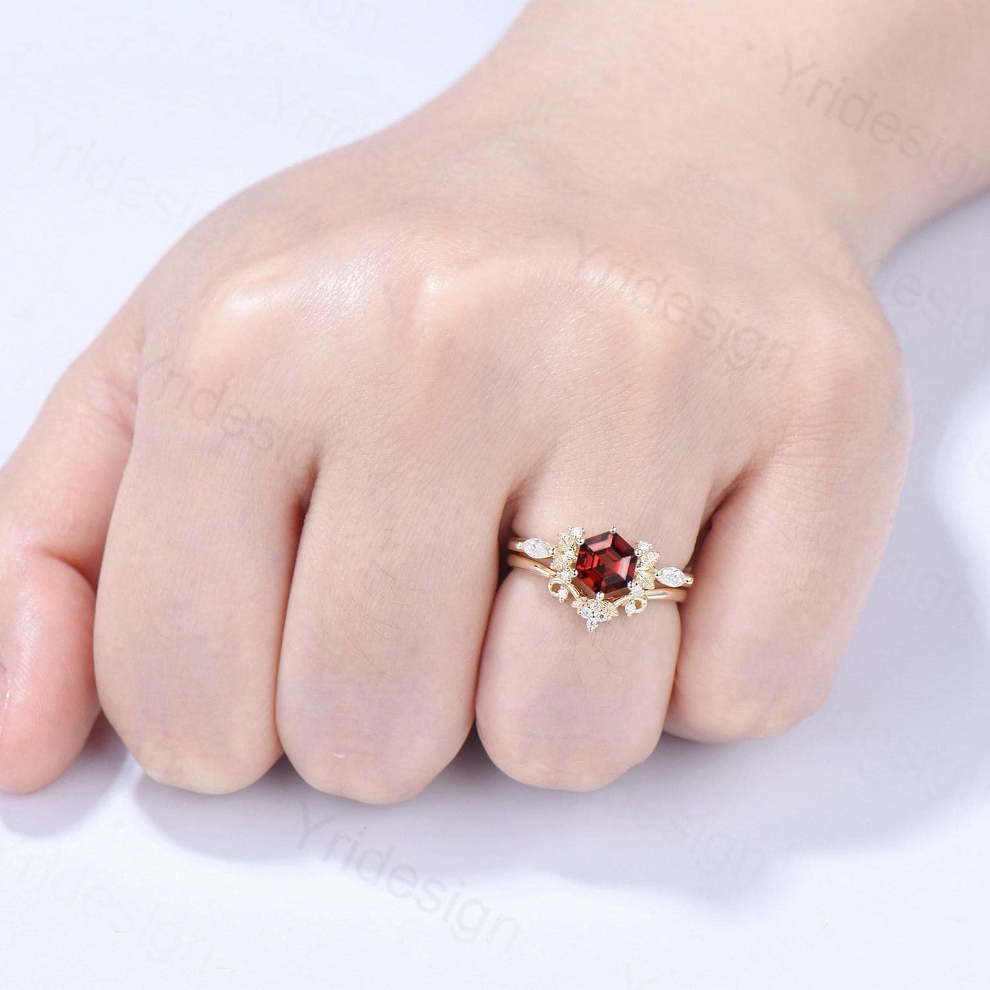 Nature inspired hexagon garnet engagement ring set 14k yellow gold unique leaf vine garnet wedding ring set January birthstone jewelry women