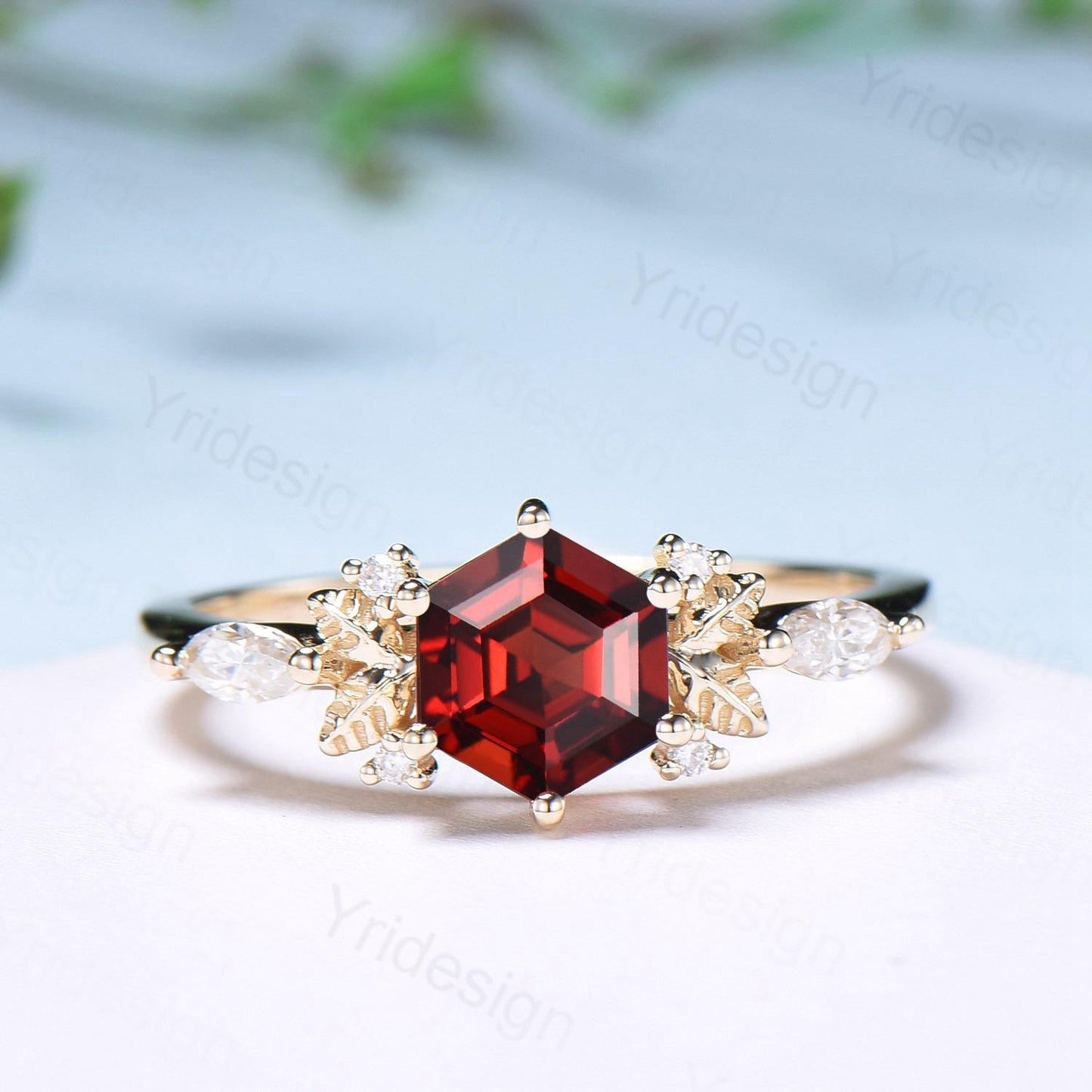 Nature inspired hexagon garnet engagement ring set 14k yellow gold unique leaf vine garnet wedding ring set January birthstone jewelry women
