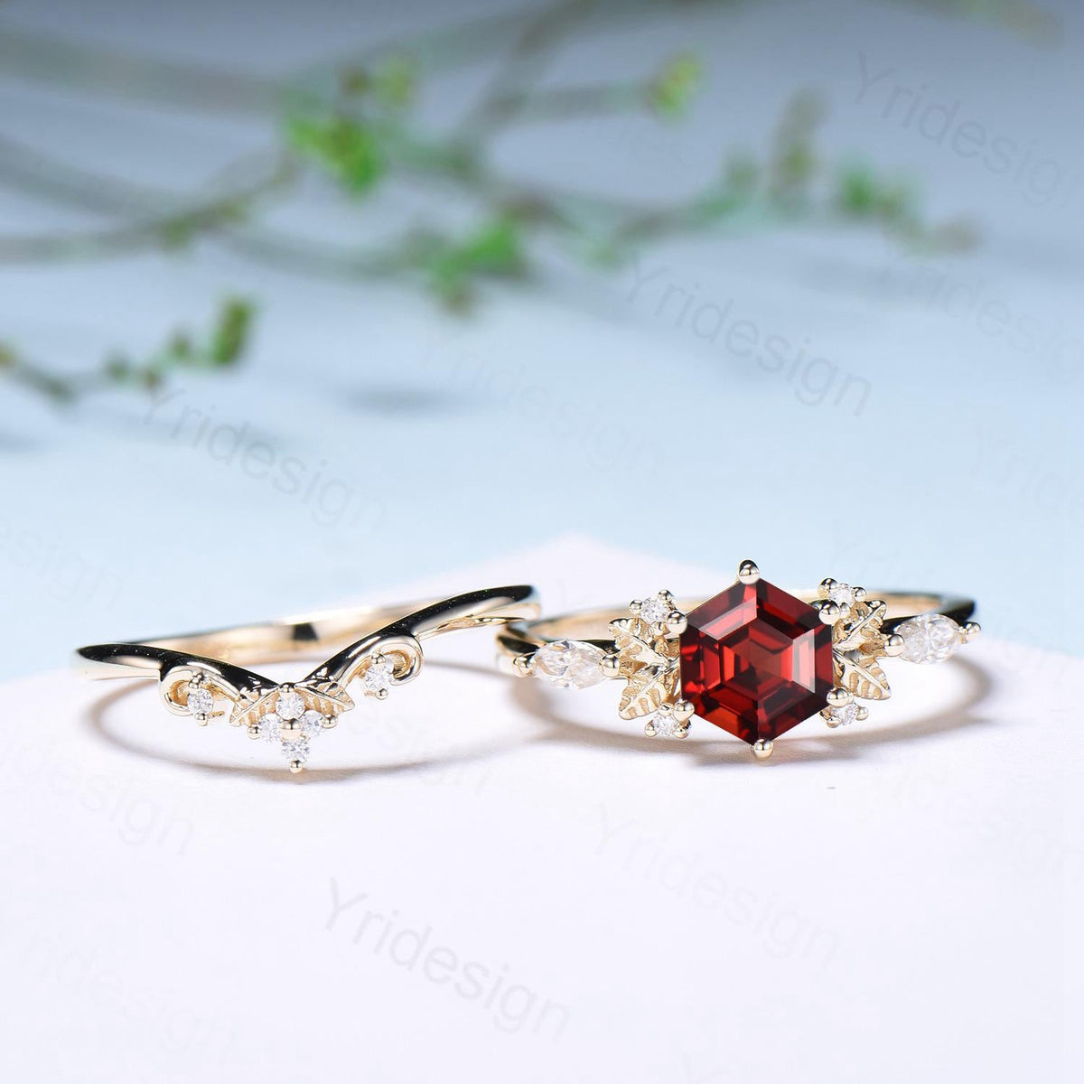 Nature inspired hexagon garnet engagement ring set 14k yellow gold unique leaf vine garnet wedding ring set January birthstone jewelry women