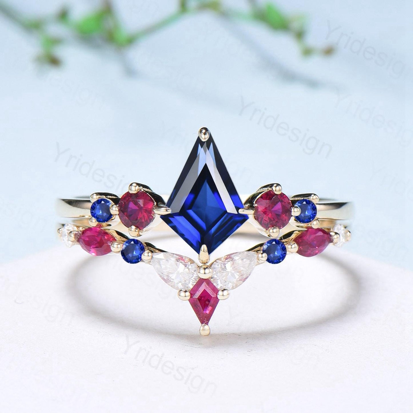 Vintage Kite Cut Sapphire Engagement Ring Set Five Stone Sapphire Ruby Wedding ring Set 14K Yellow Gold Art Deco 2pcs Bridal Ring Set Women