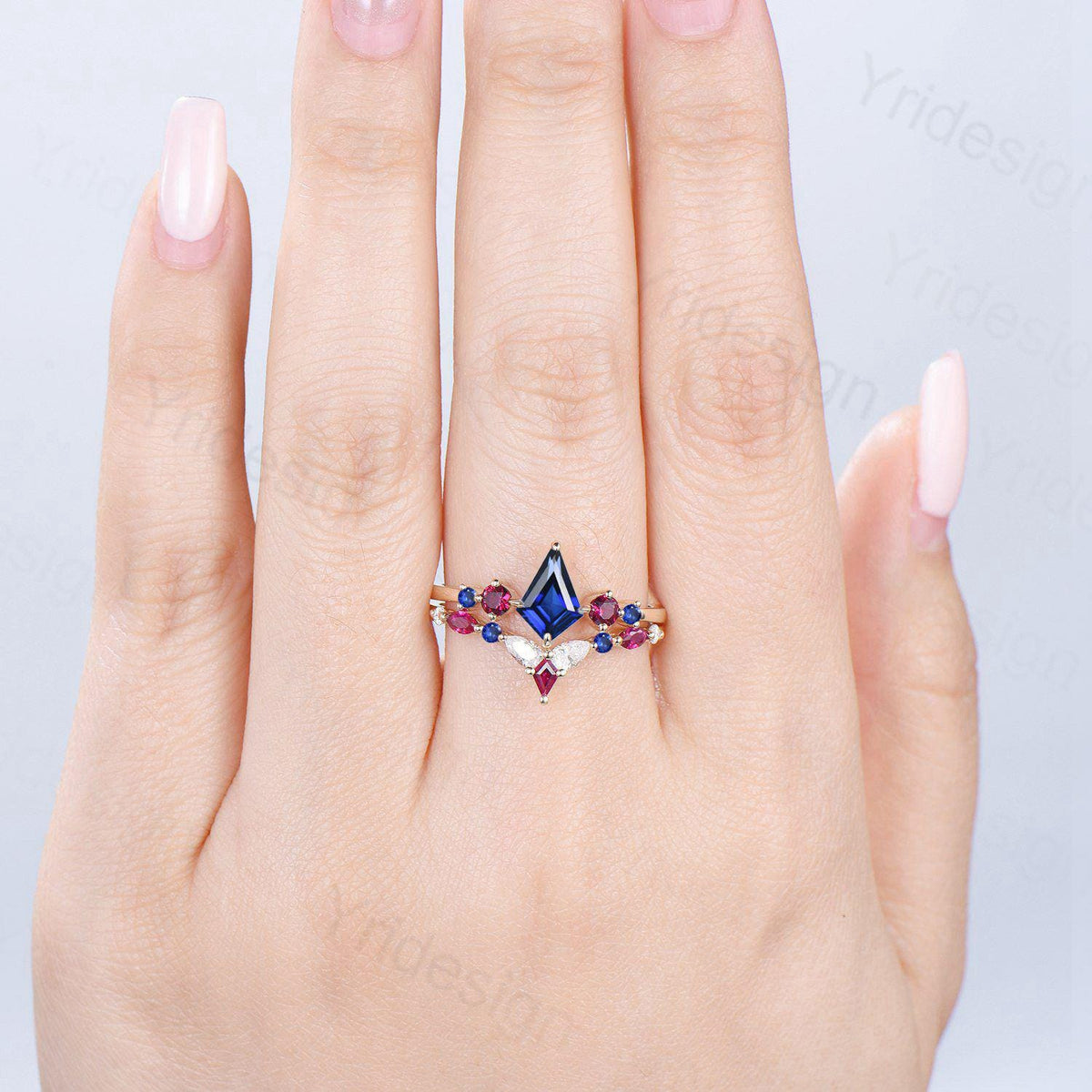 Vintage Kite Cut Sapphire Engagement Ring Set Five Stone Sapphire Ruby Wedding ring Set 14K Yellow Gold Art Deco 2pcs Bridal Ring Set Women