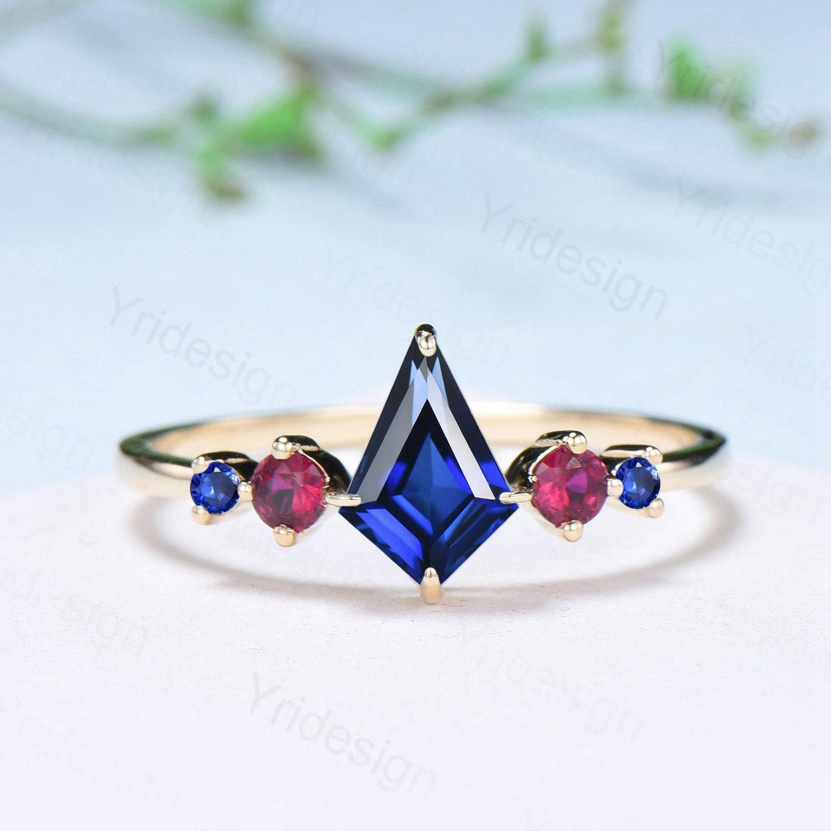 Vintage Kite Cut Sapphire Engagement Ring Set Five Stone Sapphire Ruby Wedding ring Set 14K Yellow Gold Art Deco 2pcs Bridal Ring Set Women