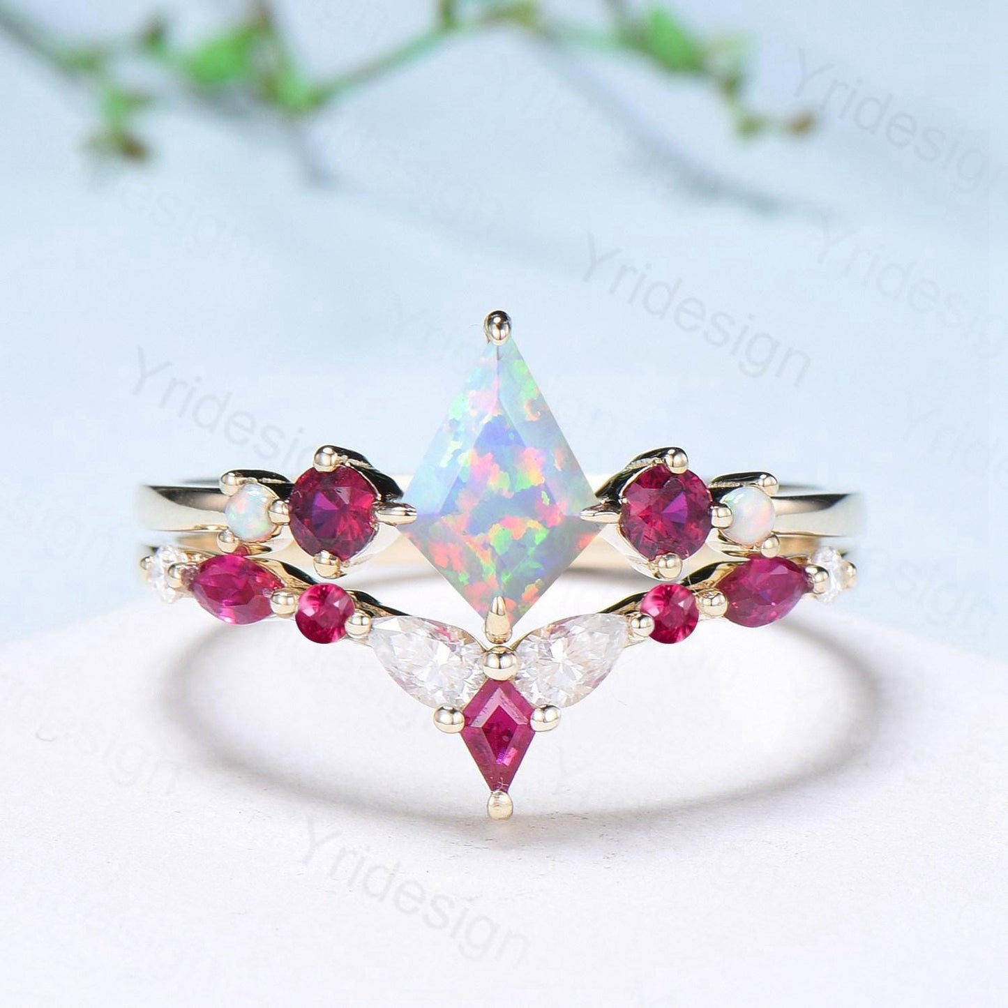 Vintage Kite Fire Opal Engagement Ring Set White Opal Ruby Wedding ring Set Art Deco Anniversary Gift 2Pcs 14K Yellow Gold Bride Set Women