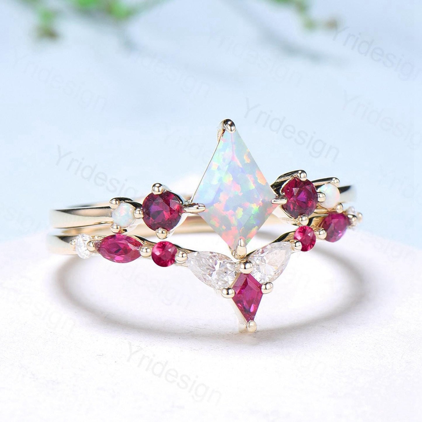 Vintage Kite Fire Opal Engagement Ring Set White Opal Ruby Wedding ring Set Art Deco Anniversary Gift 2Pcs 14K Yellow Gold Bride Set Women