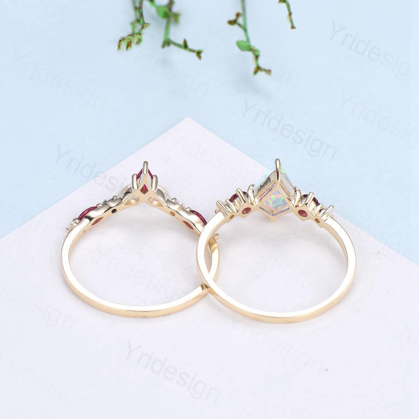 Vintage Kite Fire Opal Engagement Ring Set White Opal Ruby Wedding ring Set Art Deco Anniversary Gift 2Pcs 14K Yellow Gold Bride Set Women