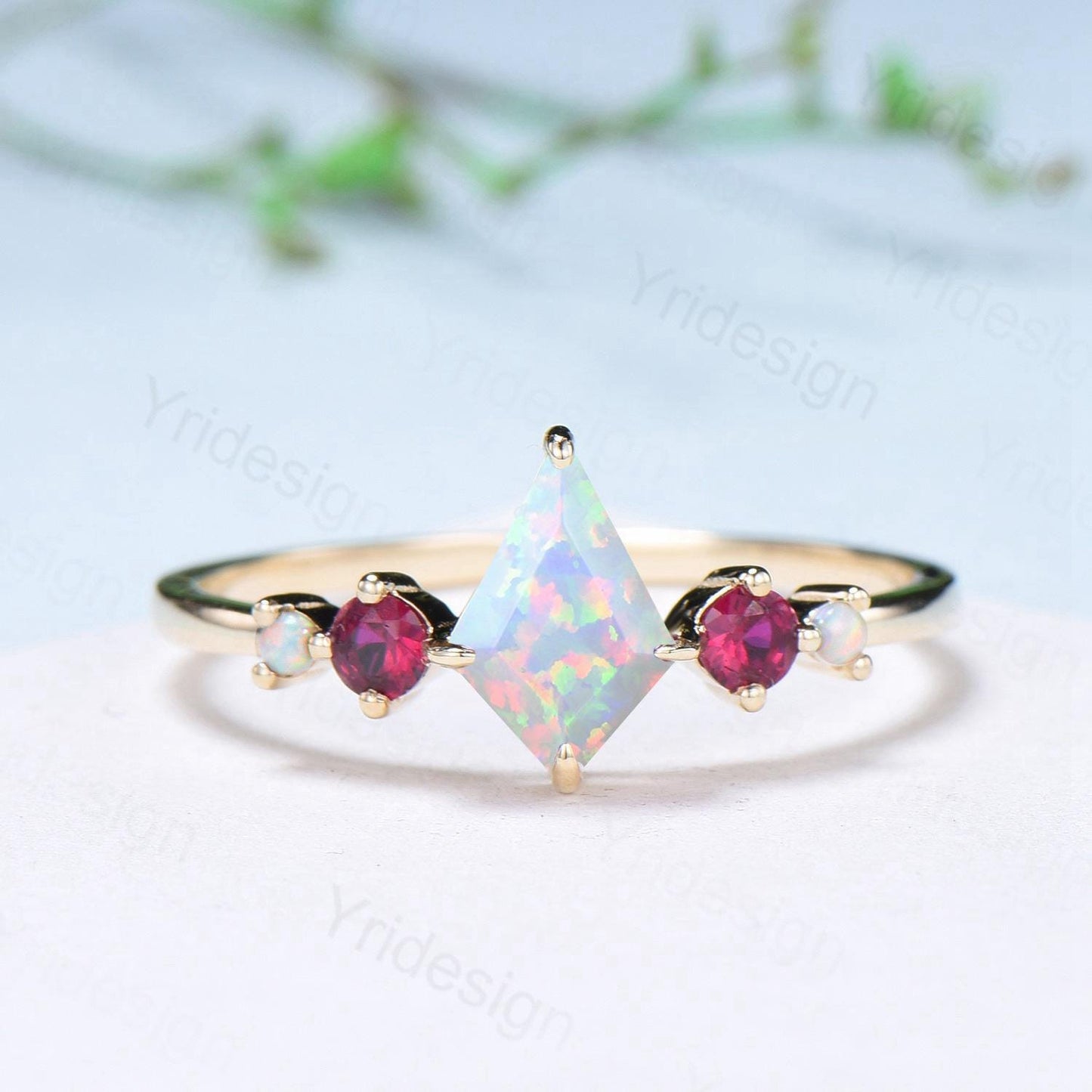Vintage Kite Fire Opal Engagement Ring Set White Opal Ruby Wedding ring Set Art Deco Anniversary Gift 2Pcs 14K Yellow Gold Bride Set Women
