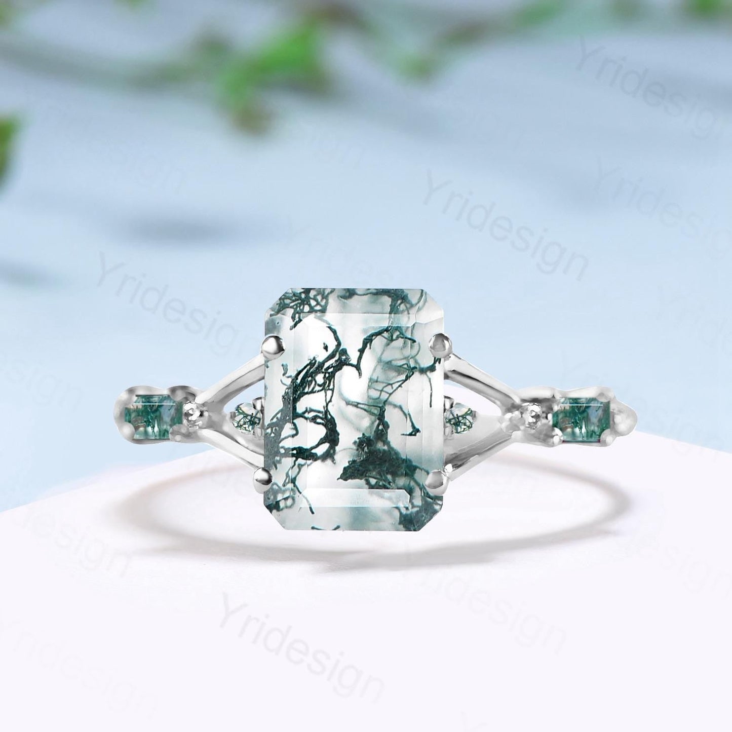 Unique Split Shank Emerald Cut Moss Agate Engagement Ring Five Stone Baguette Trillion Style Agate Wedding Ring Anniversary Gifts for Women