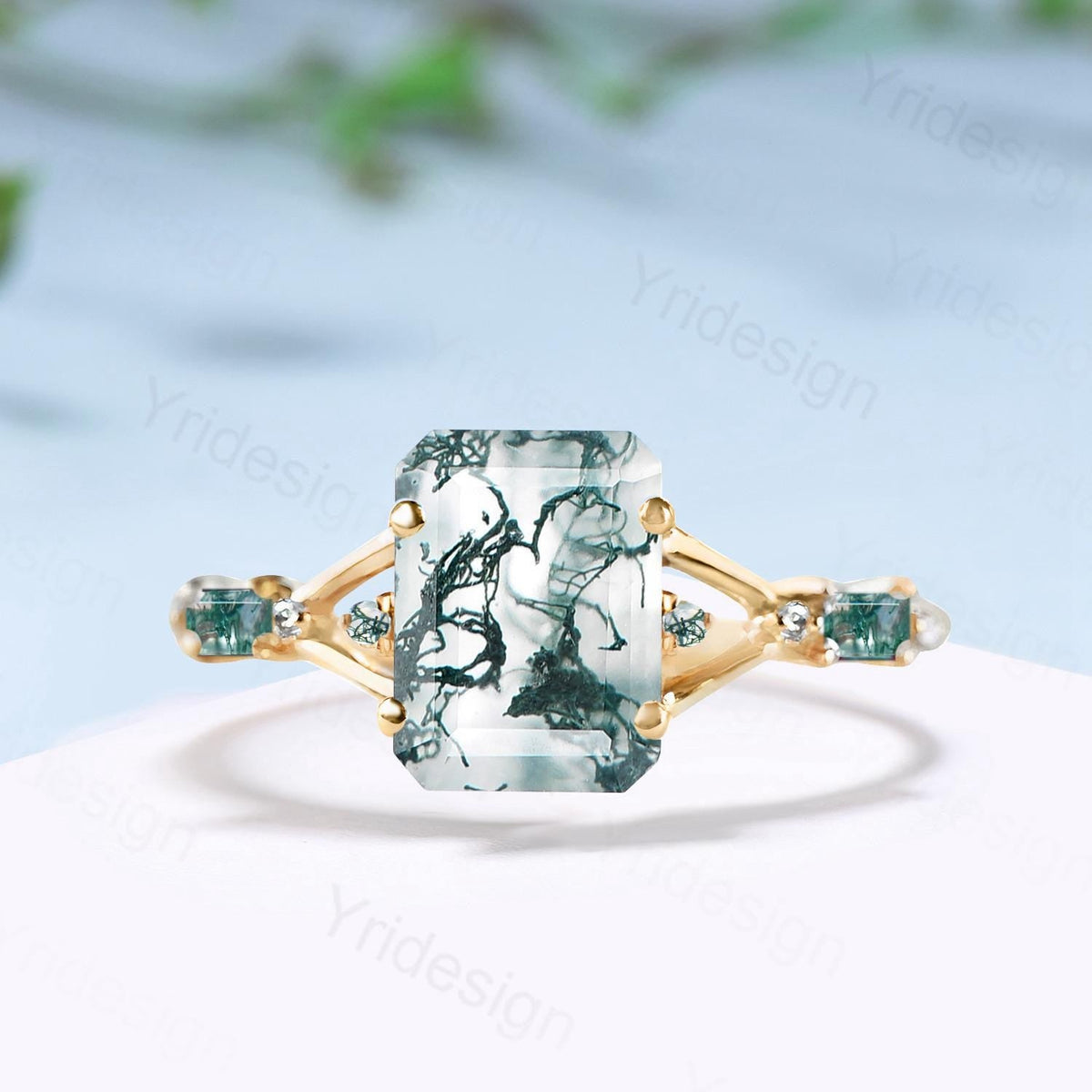 Unique Split Shank Emerald Cut Moss Agate Engagement Ring Five Stone Baguette Trillion Style Agate Wedding Ring Anniversary Gifts for Women