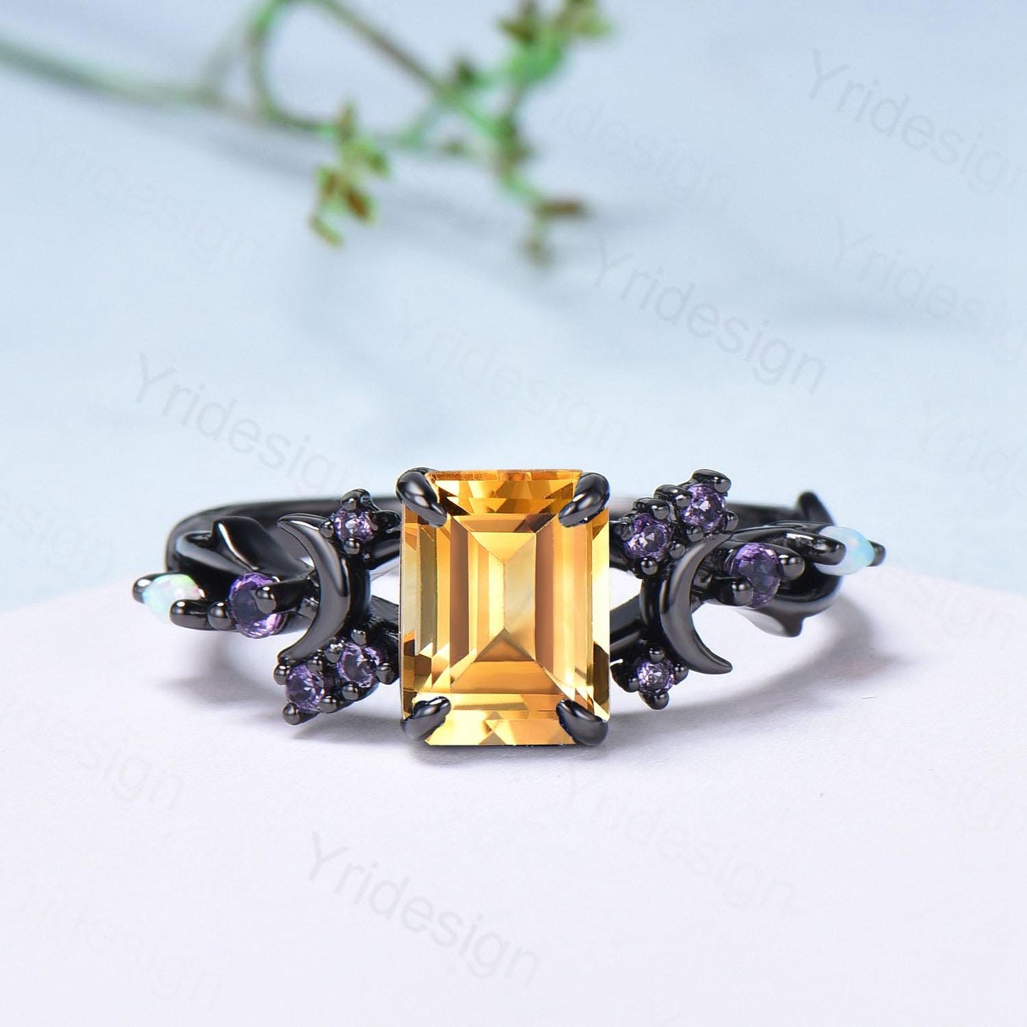 Unique Black Gold Citrine Ring Emerald Cut November Birthstone Moon Engagement Ring Cluster Opal Amethyst Wedding Ring Anniversary Gifts