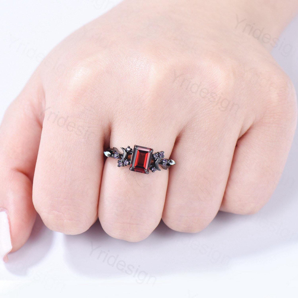 Unique Black Gold Emerald Cut Garnet Ring Art Deco Moon January Birthstone Engagement Ring Cluster Opal Amethyst Wedding Anniversary Gifts