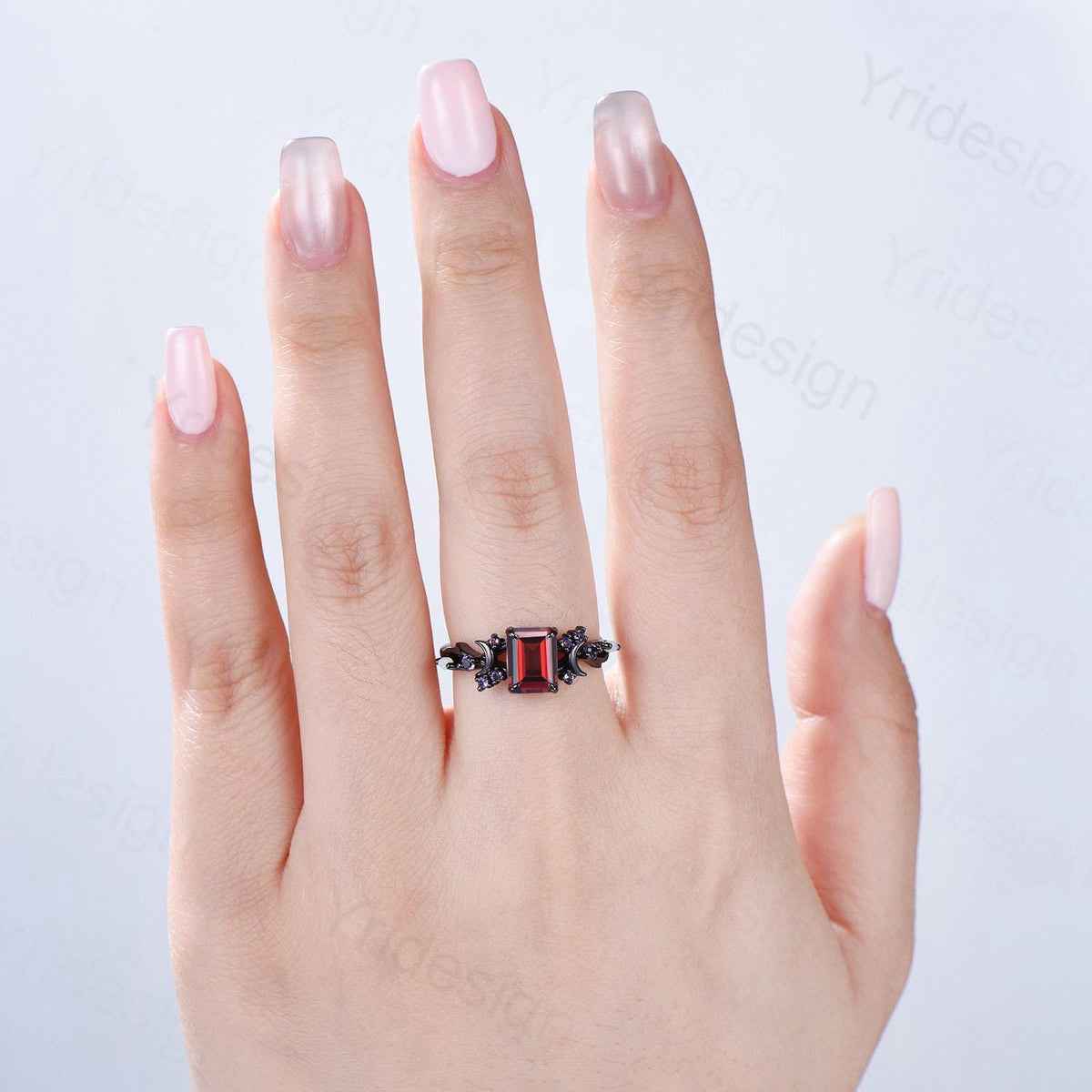 Unique Black Gold Emerald Cut Garnet Ring Art Deco Moon January Birthstone Engagement Ring Cluster Opal Amethyst Wedding Anniversary Gifts