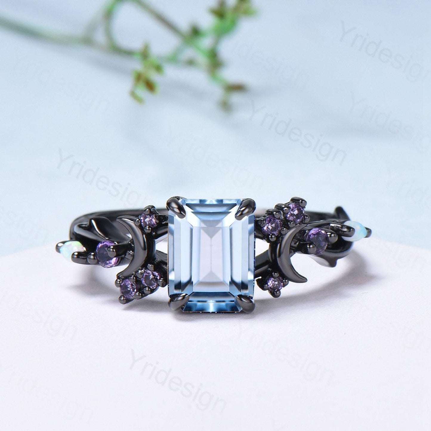 Unique Black Gold Emerald Cut Aquamarine Ring Gothic Moon Engagement Ring Cluster Split Shank Opal Amethyst Wedding Ring Promise Gift Women