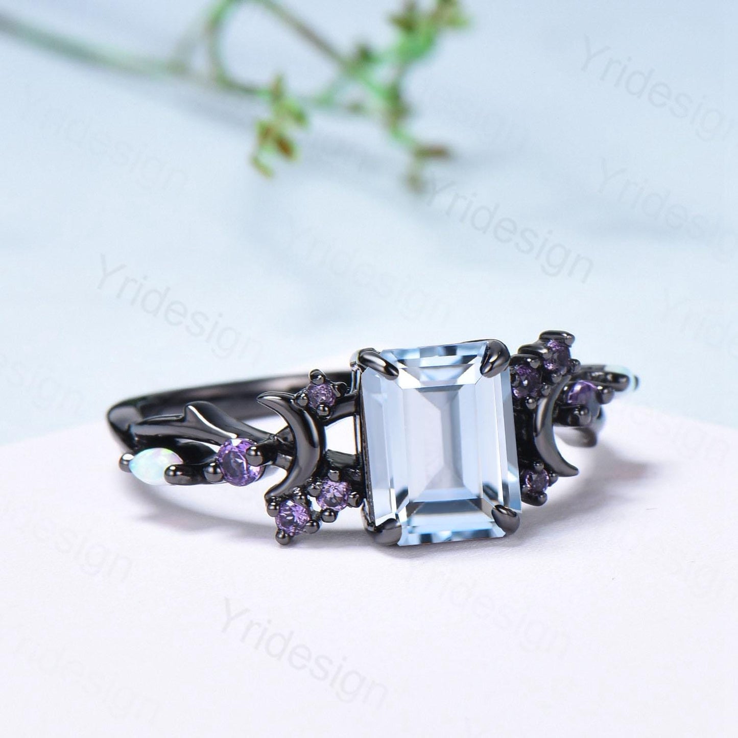 Unique Black Gold Emerald Cut Aquamarine Ring Gothic Moon Engagement Ring Cluster Split Shank Opal Amethyst Wedding Ring Promise Gift Women