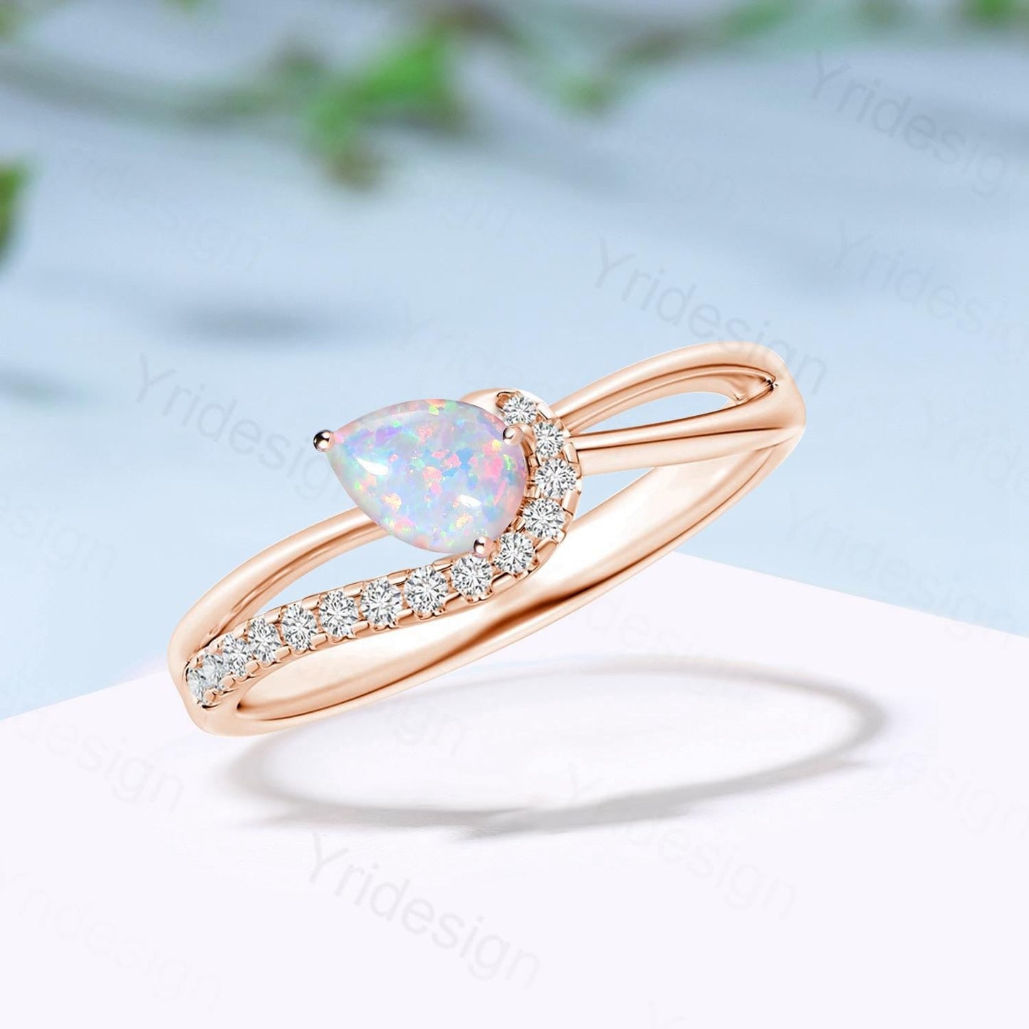 Split Shank white opal engagement ring art deco pear shaped fire opal diamond wedding ring silver rose gold anniversary gifts for daughter