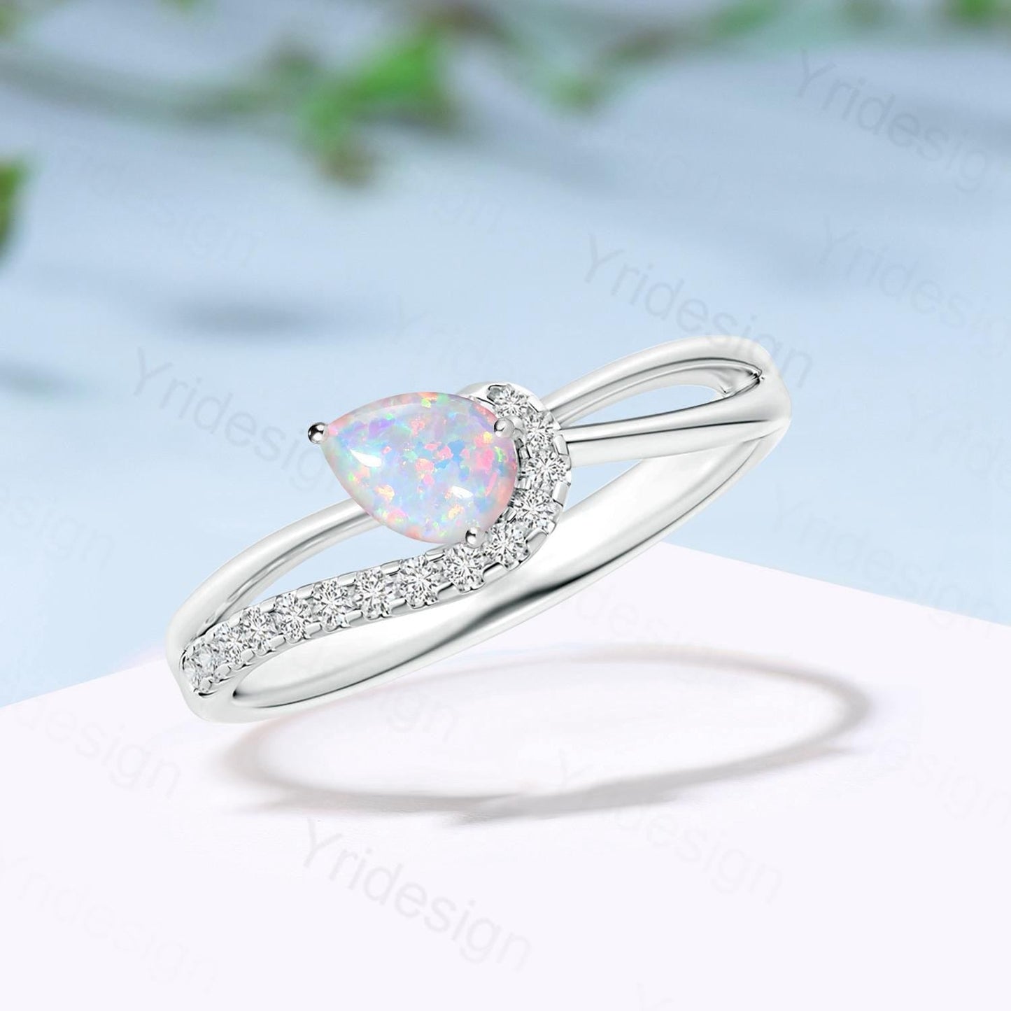 Split Shank white opal engagement ring art deco pear shaped fire opal diamond wedding ring silver rose gold anniversary gifts for daughter