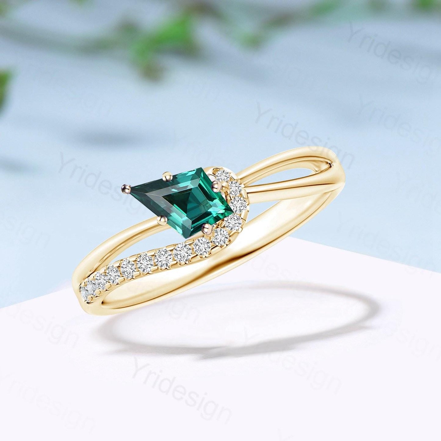 Unique Kite cut emerald engagement ring split shank silver rose gold green stone eternity may birthstone wedding ring mom anniversary gifts