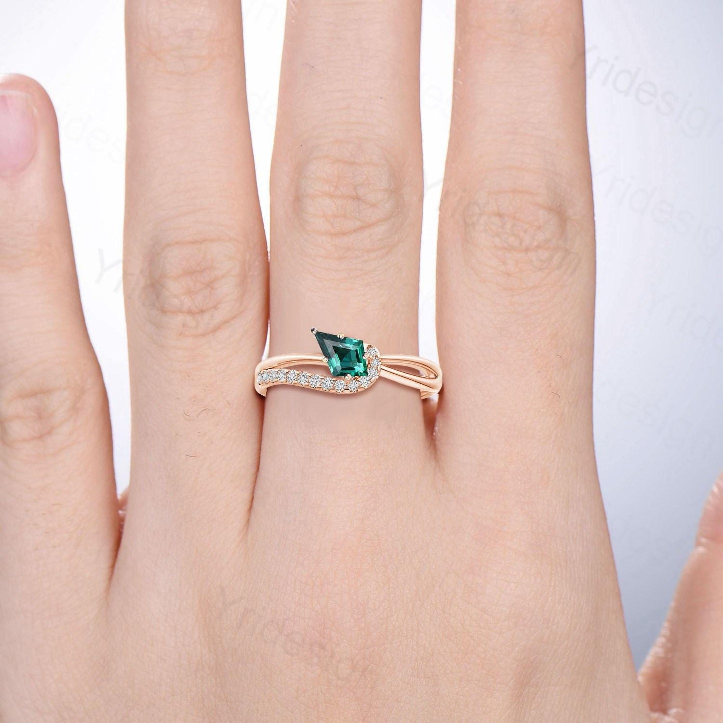 Unique Kite cut emerald engagement ring split shank silver rose gold green stone eternity may birthstone wedding ring mom anniversary gifts